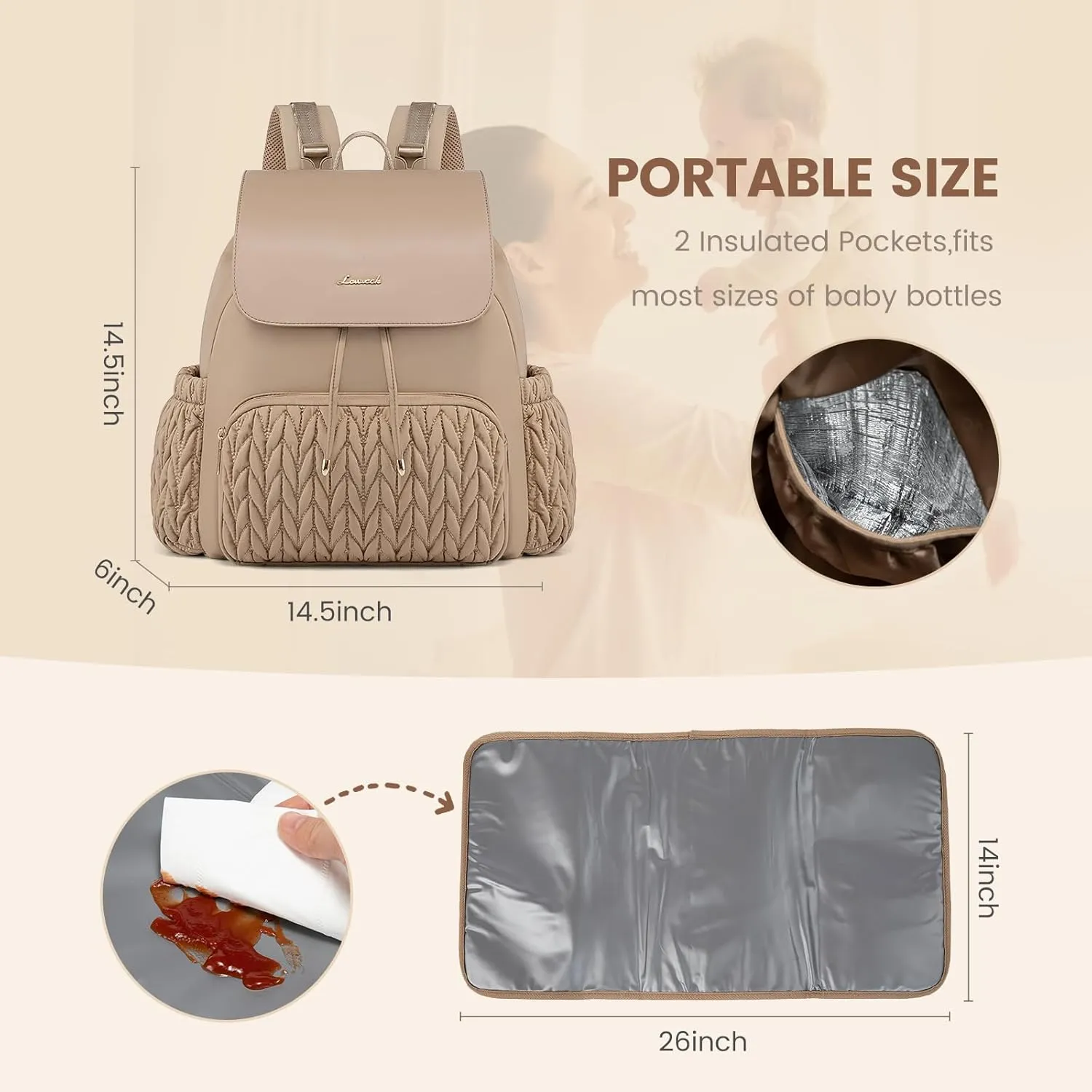 LOVEVOOK Diaper Bag Backpack, Small Baby Bag, Cute Baby Diaper Bag, Stylish Water-Resistant Travel Baby Bag for Mom, Baby Backpack with Changing Pad, Stroller Straps -Khaki