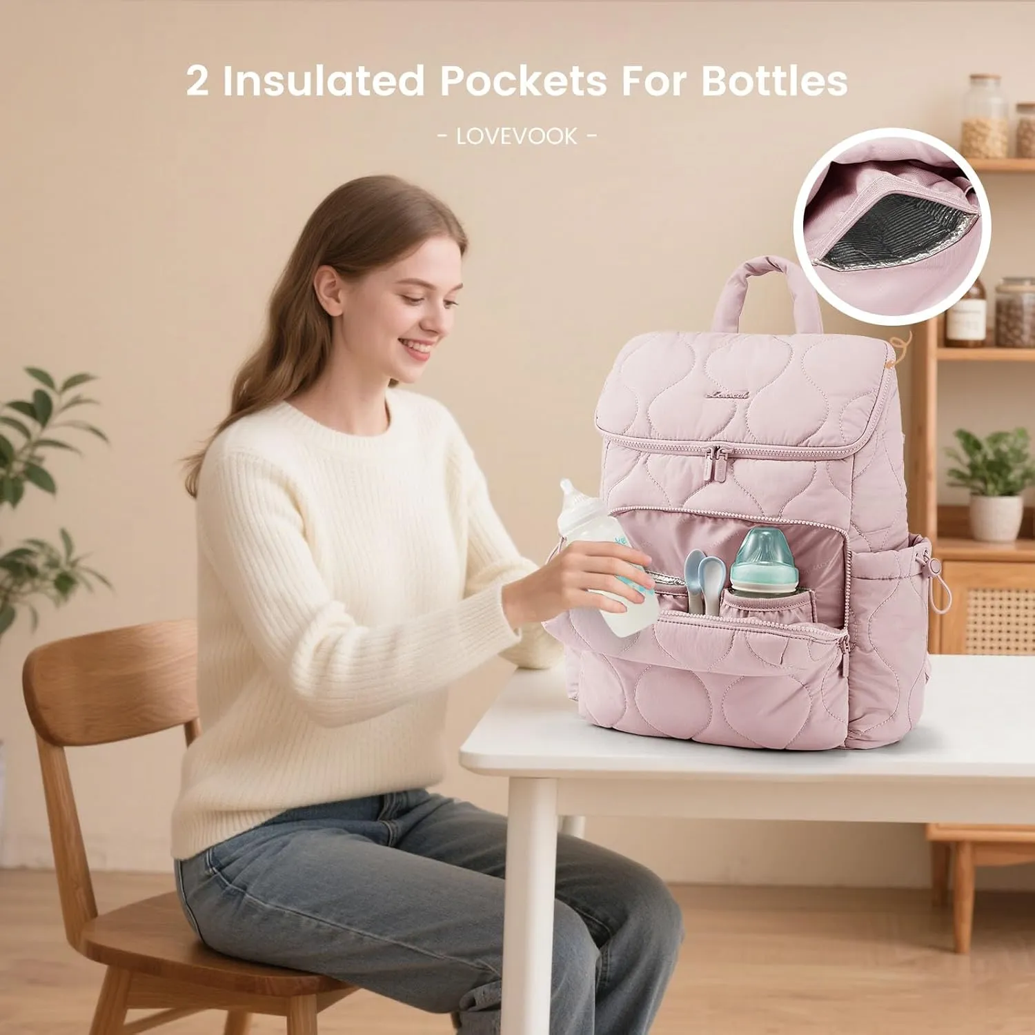 LOVEVOOK Diaper Bag Backpack,Lightweight Baby Diaper Bag for Moms Dads,Baby Bag for Boys Girls with Insulated Pockets, Changing Pad, Stroller Straps and Pacifier Case,Pink