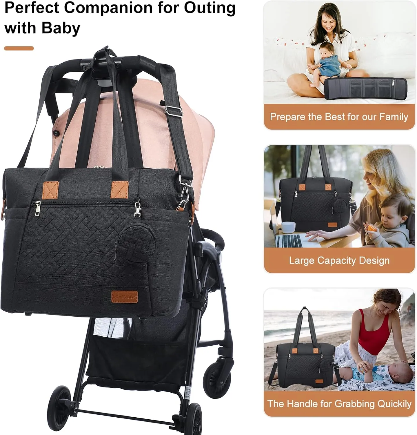 LOVEVOOK Diaper Bag Tote, Large Baby Diaper Bag Waterproof Travel Diaper Tote with Changing Pad