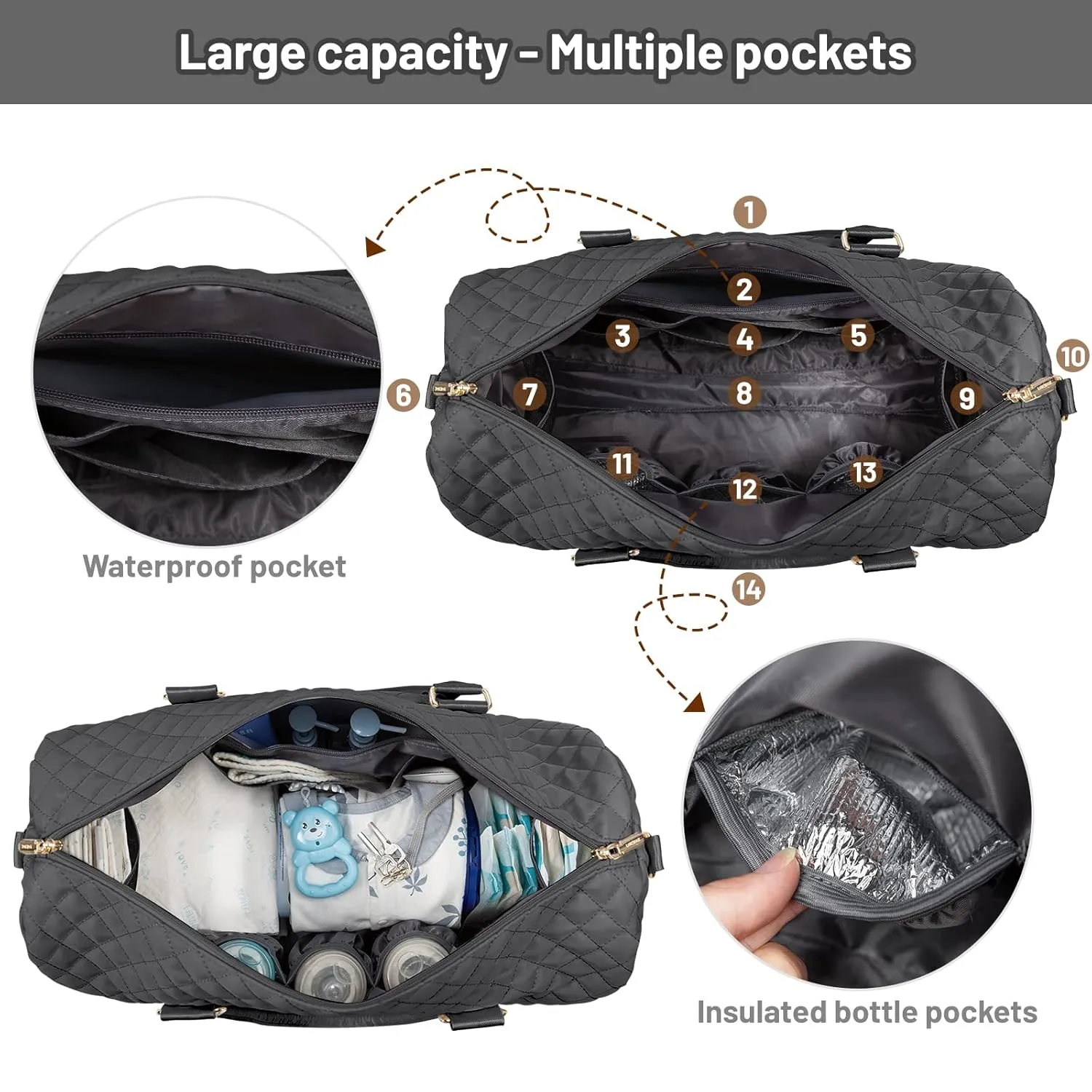 LOVEVOOK Diaper Bag Tote with Pacifier Case and Changing Pad, Large Capacity Mommy Bag for Hospital and Weekender Travel, Functional Baby Bag Newborn Baby Essential, Black