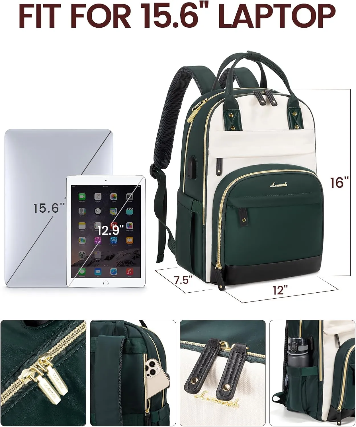 LOVEVOOK Laptop Backpack for Women, Fits 15.6 Inch Laptop Bag, Fashion Travel Work Anti-theft Bag, Business Computer Waterproof Backpack Purse, Beige-Green-Black