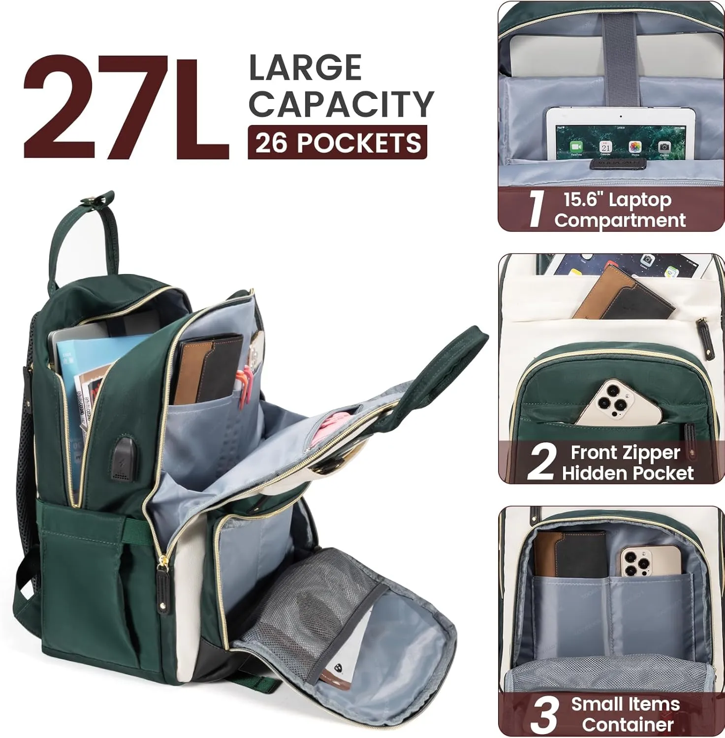 LOVEVOOK Laptop Backpack for Women, Fits 15.6 Inch Laptop Bag, Fashion Travel Work Anti-theft Bag, Business Computer Waterproof Backpack Purse, Beige-Green-Black