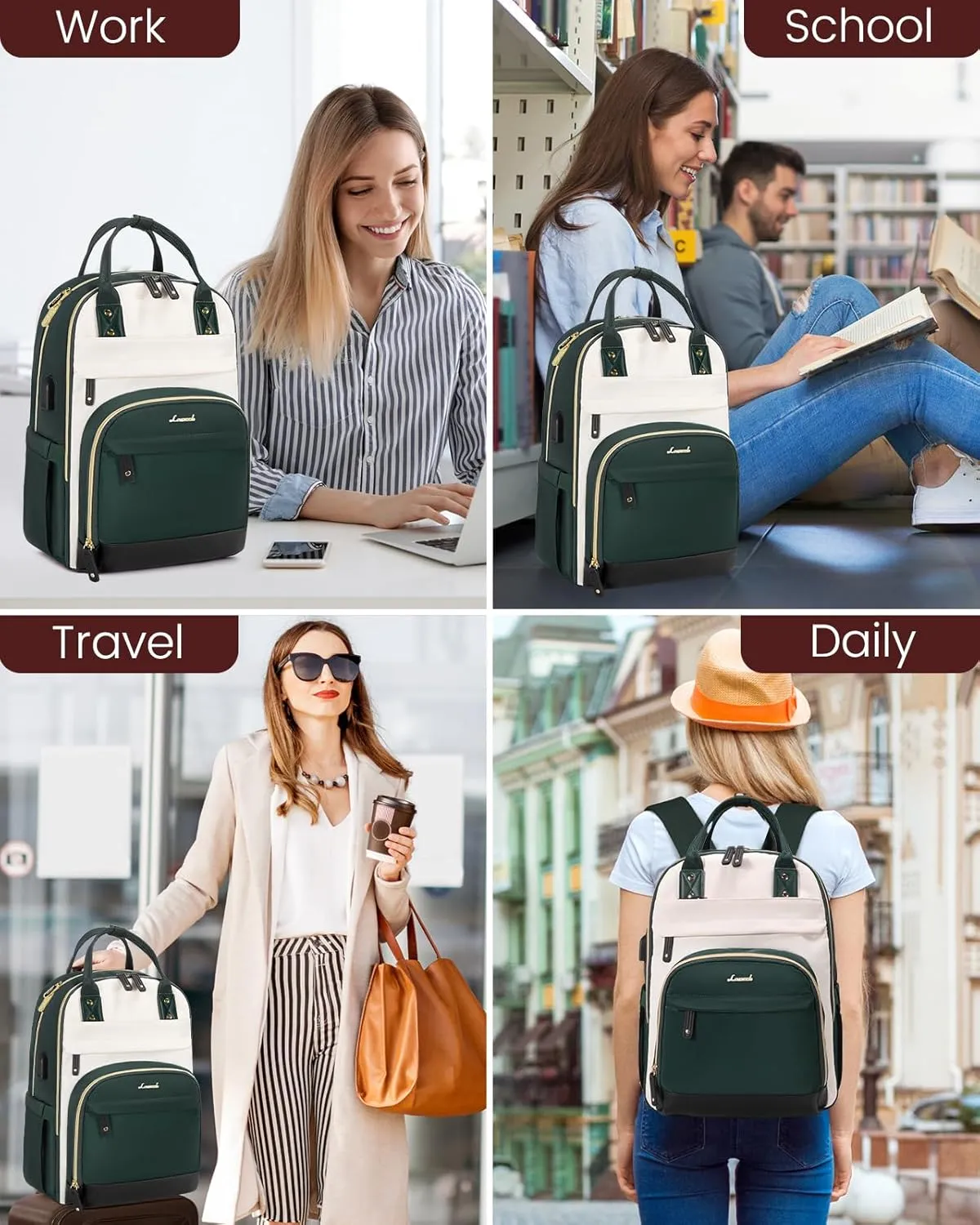 LOVEVOOK Laptop Backpack for Women, Fits 15.6 Inch Laptop Bag, Fashion Travel Work Anti-theft Bag, Business Computer Waterproof Backpack Purse, Beige-Green-Black