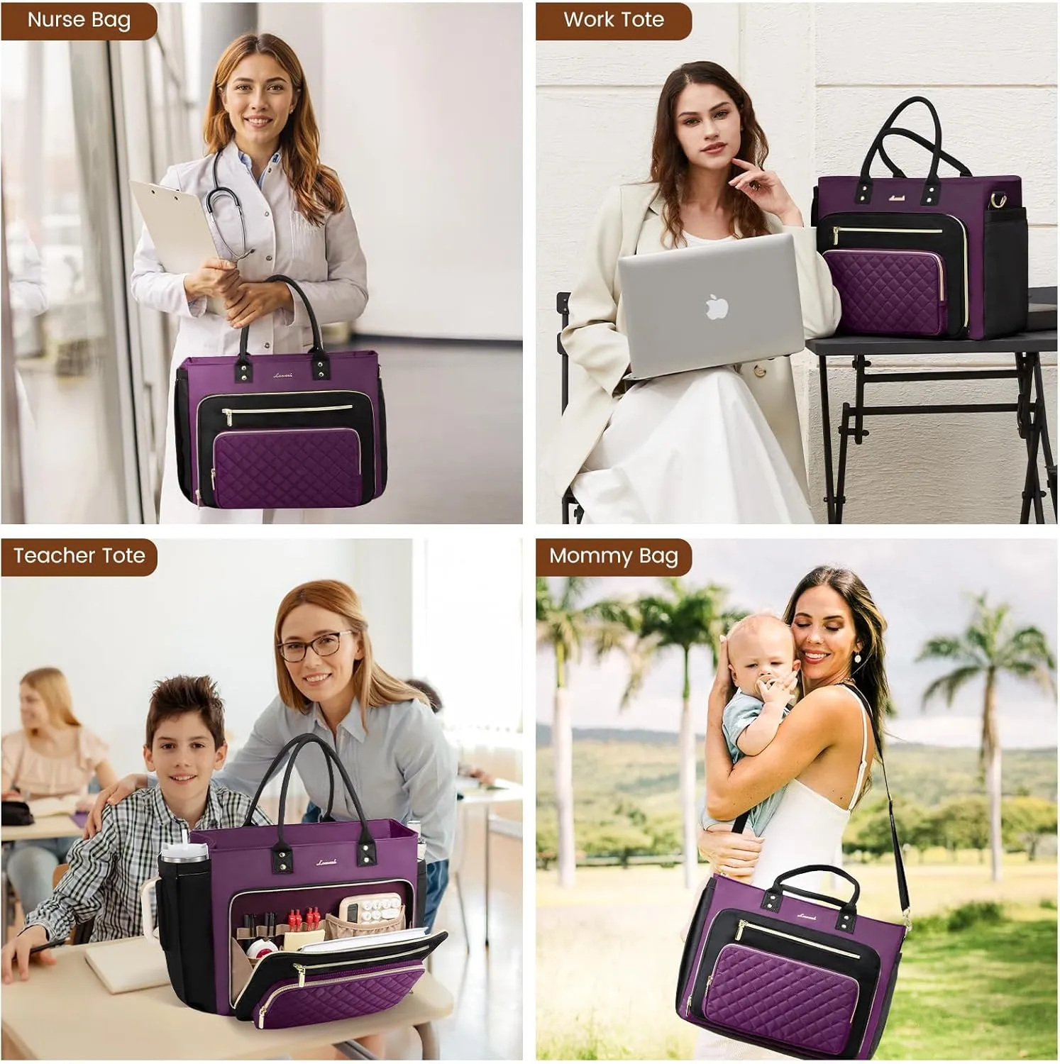 LOVEVOOK Laptop Bag for Women, Work Tote Bag Teacher Nurse Bags With Large Cup Holder, Professional Computer Briefcase Business Large Purses Handbag, Diaper Bag Mother Gift, Black-Purple, 15.6 Inch
