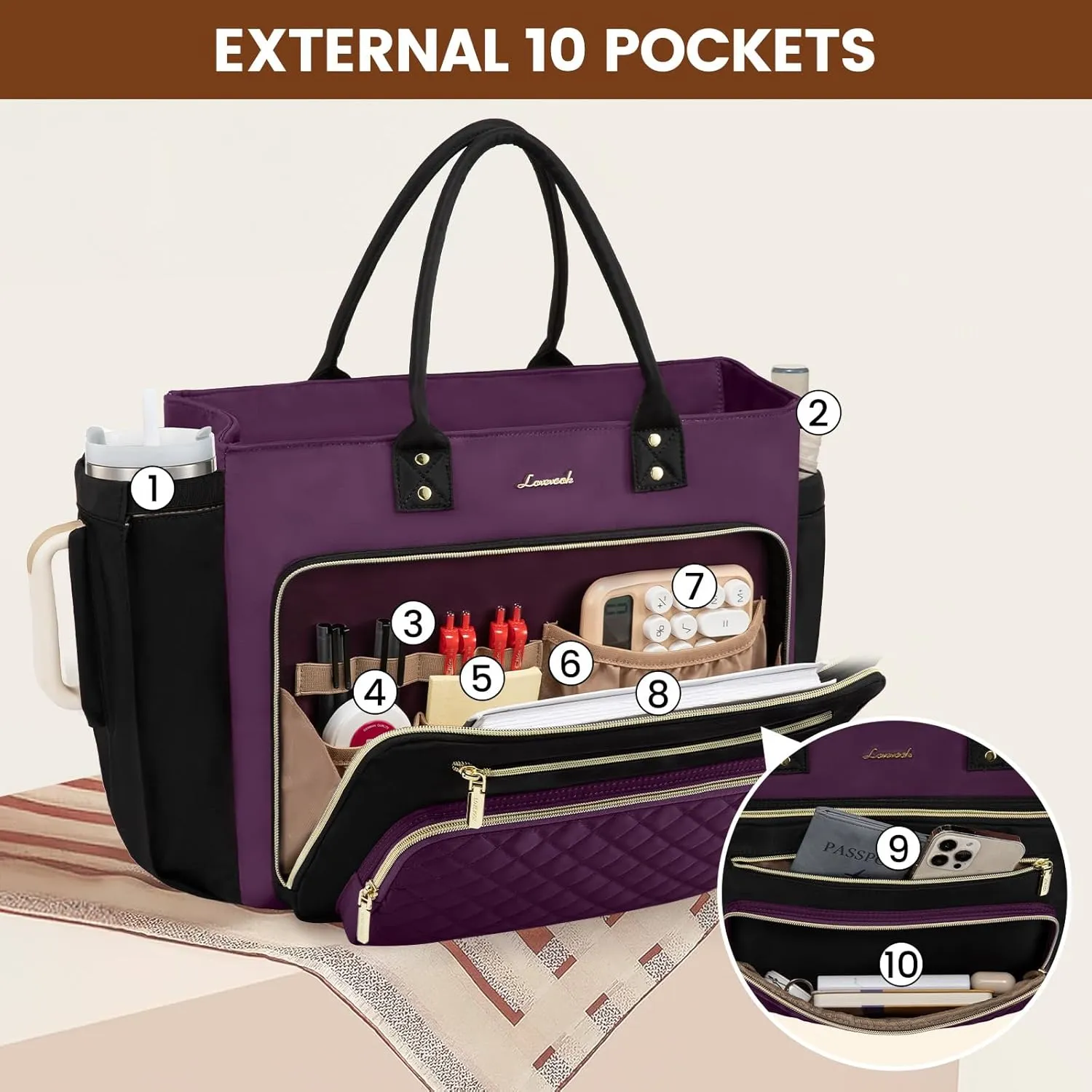 LOVEVOOK Laptop Bag for Women, Work Tote Bag Teacher Nurse Bags With Large Cup Holder, Professional Computer Briefcase Business Large Purses Handbag, Diaper Bag Mother Gift, Black-Purple, 15.6 Inch