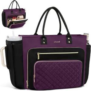 LOVEVOOK Laptop Bag for Women, Work Tote Bag Teacher Nurse Bags With Large Cup Holder, Professional Computer Briefcase Business Large Purses Handbag, Diaper Bag Mother Gift, Black-Purple, 15.6 Inch