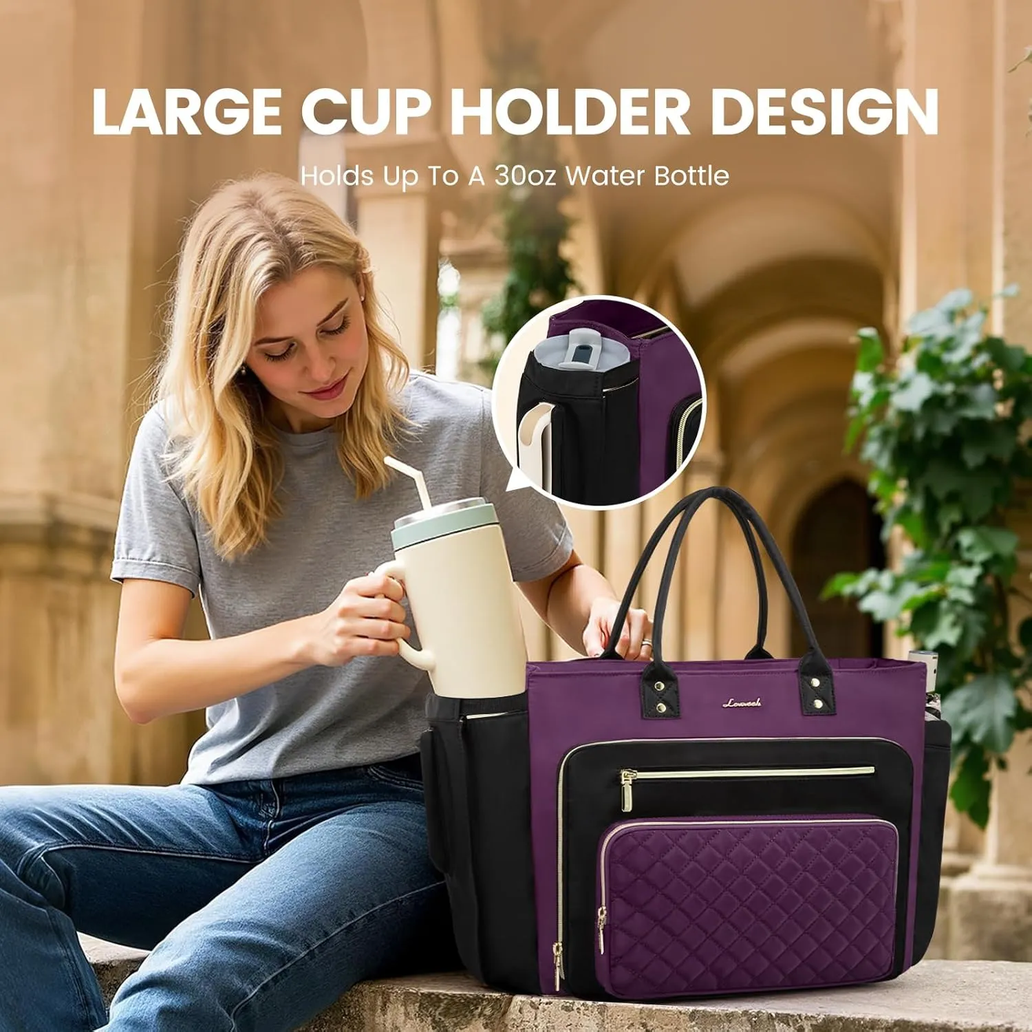 LOVEVOOK Laptop Bag for Women, Work Tote Bag Teacher Nurse Bags With Large Cup Holder, Professional Computer Briefcase Business Large Purses Handbag, Diaper Bag Mother Gift, Black-Purple, 15.6 Inch