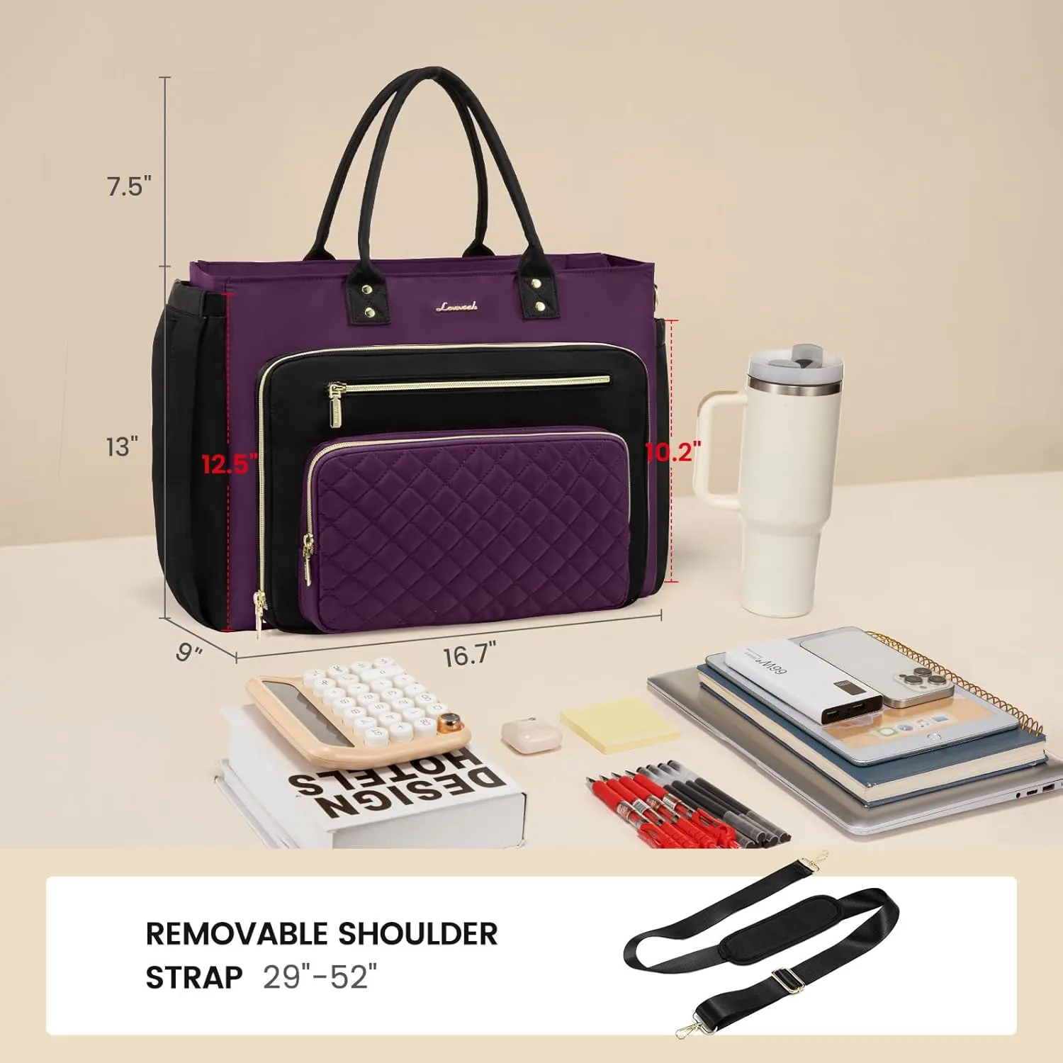 LOVEVOOK Laptop Bag for Women, Work Tote Bag Teacher Nurse Bags With Large Cup Holder, Professional Computer Briefcase Business Large Purses Handbag, Diaper Bag Mother Gift, Black-Purple, 15.6 Inch