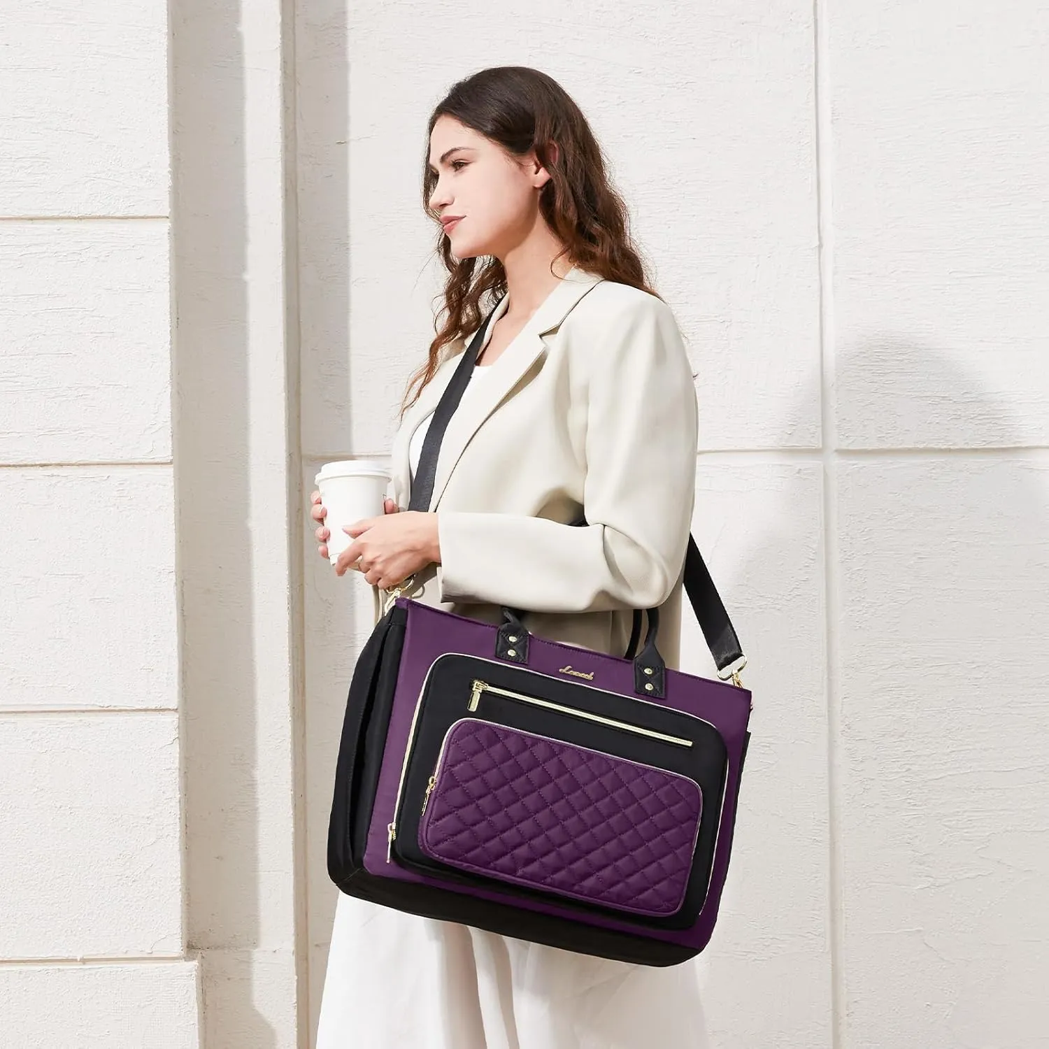 LOVEVOOK Laptop Bag for Women, Work Tote Bag Teacher Nurse Bags With Large Cup Holder, Professional Computer Briefcase Business Large Purses Handbag, Diaper Bag Mother Gift, Black-Purple, 15.6 Inch