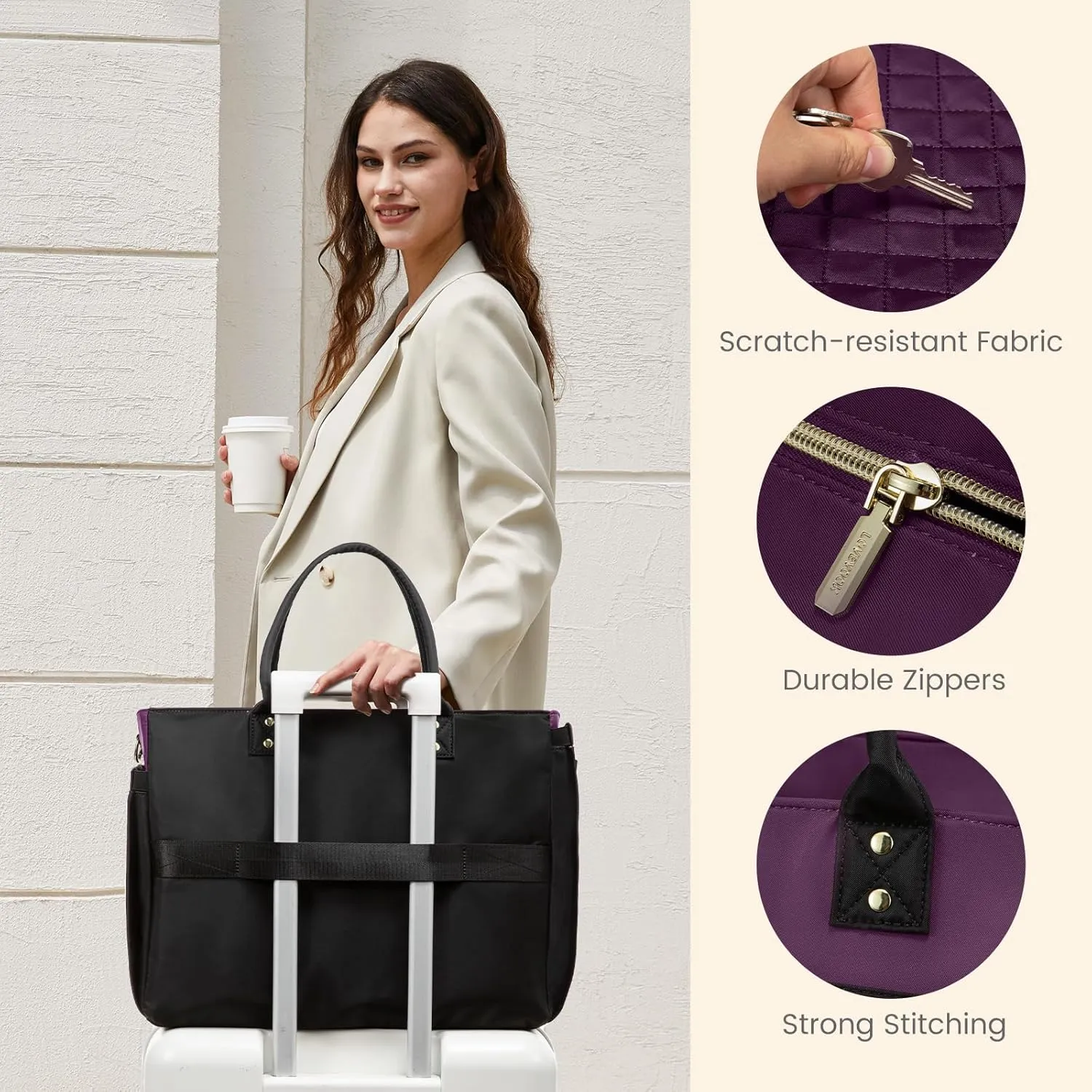 LOVEVOOK Laptop Bag for Women, Work Tote Bag Teacher Nurse Bags With Large Cup Holder, Professional Computer Briefcase Business Large Purses Handbag, Diaper Bag Mother Gift, Black-Purple, 15.6 Inch