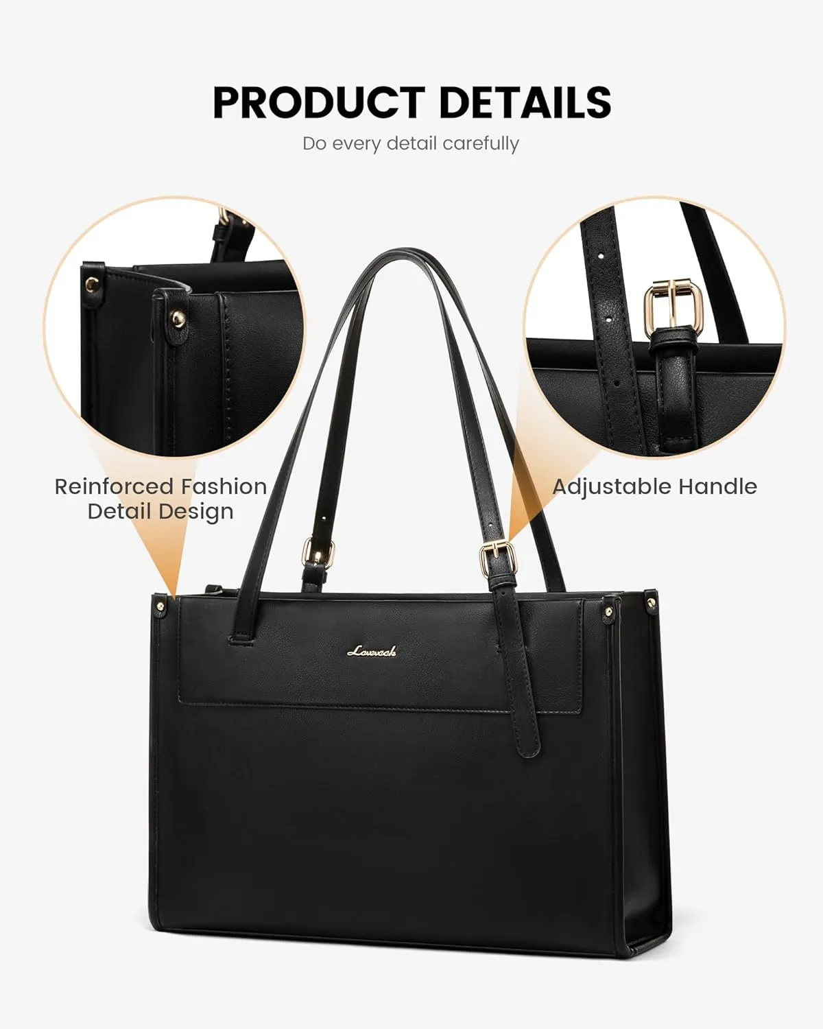 LOVEVOOK Laptop Tote Bag for Women 15.6 Inch Stylish Leather Work Tote Bag Purse Large Capacity And Waterproof Computer Briefcase for Business Office Travel, Black