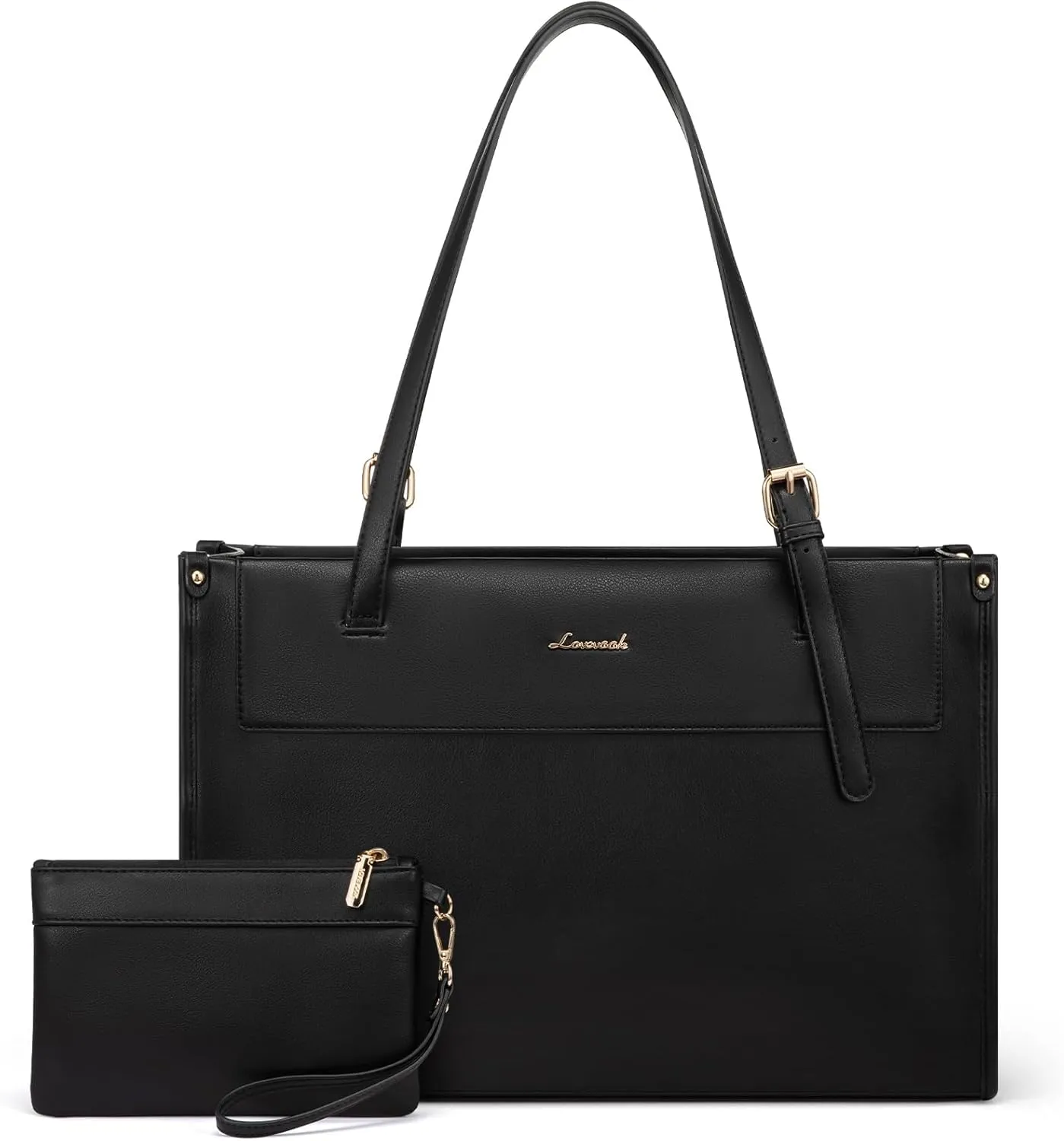 LOVEVOOK Laptop Tote Bag for Women 15.6 Inch Stylish Leather Work Tote Bag Purse Large Capacity And Waterproof Computer Briefcase for Business Office Travel, Black