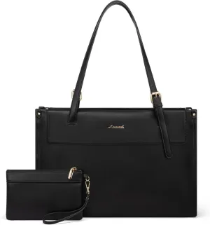 LOVEVOOK Laptop Tote Bag for Women 15.6 Inch Stylish Leather Work Tote Bag Purse Large Capacity And Waterproof Computer Briefcase for Business Office Travel, Black