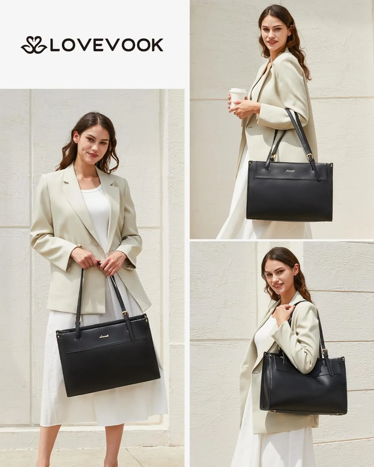 LOVEVOOK Laptop Tote Bag for Women 15.6 Inch Stylish Leather Work Tote Bag Purse Large Capacity And Waterproof Computer Briefcase for Business Office Travel, Black