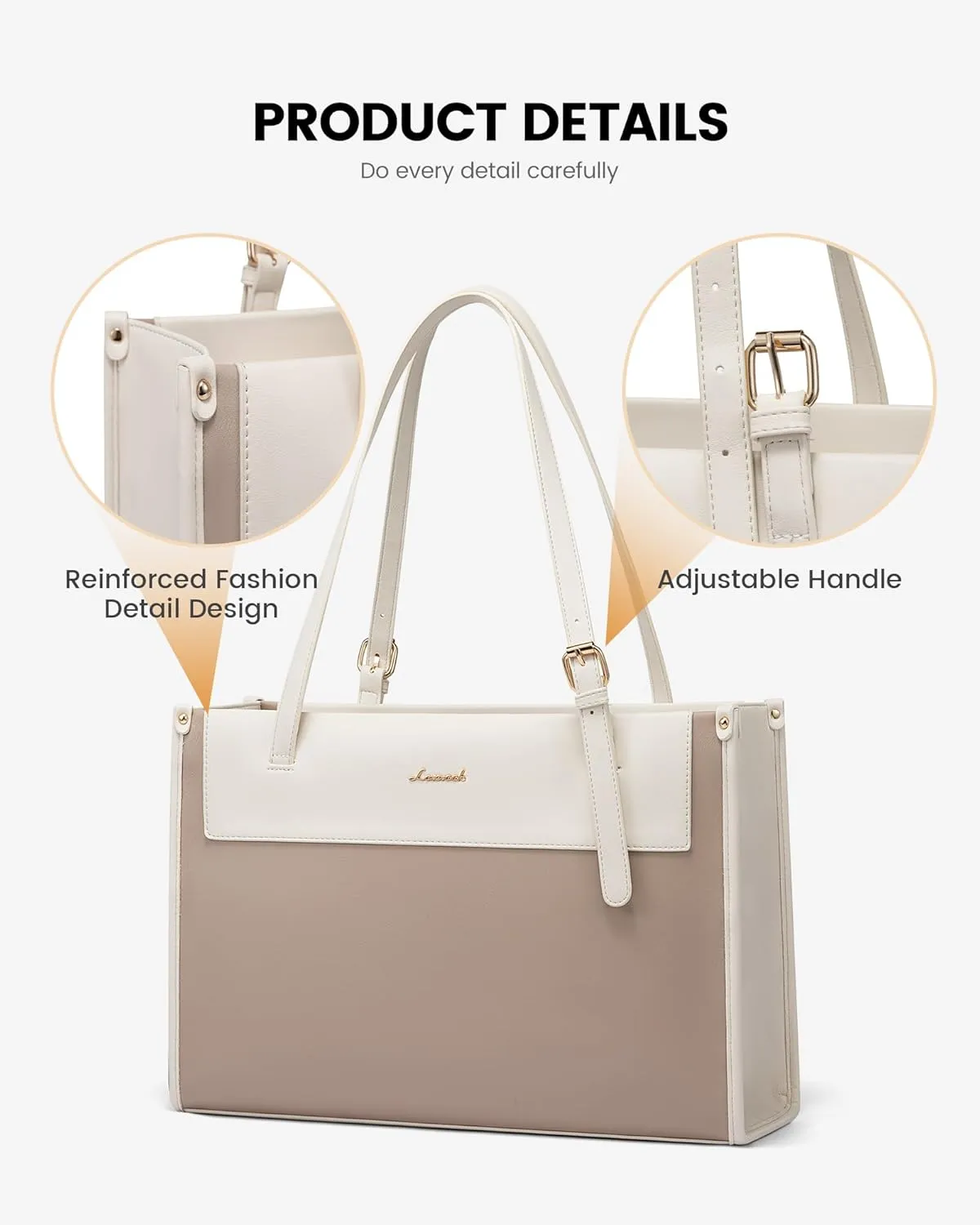 LOVEVOOK Laptop Tote Bag for Women 15.6 Inch Stylish Leather Work Tote Bag Purse Large Capacity And Waterproof Computer Briefcase for Business Office Travel, Khaki Beige