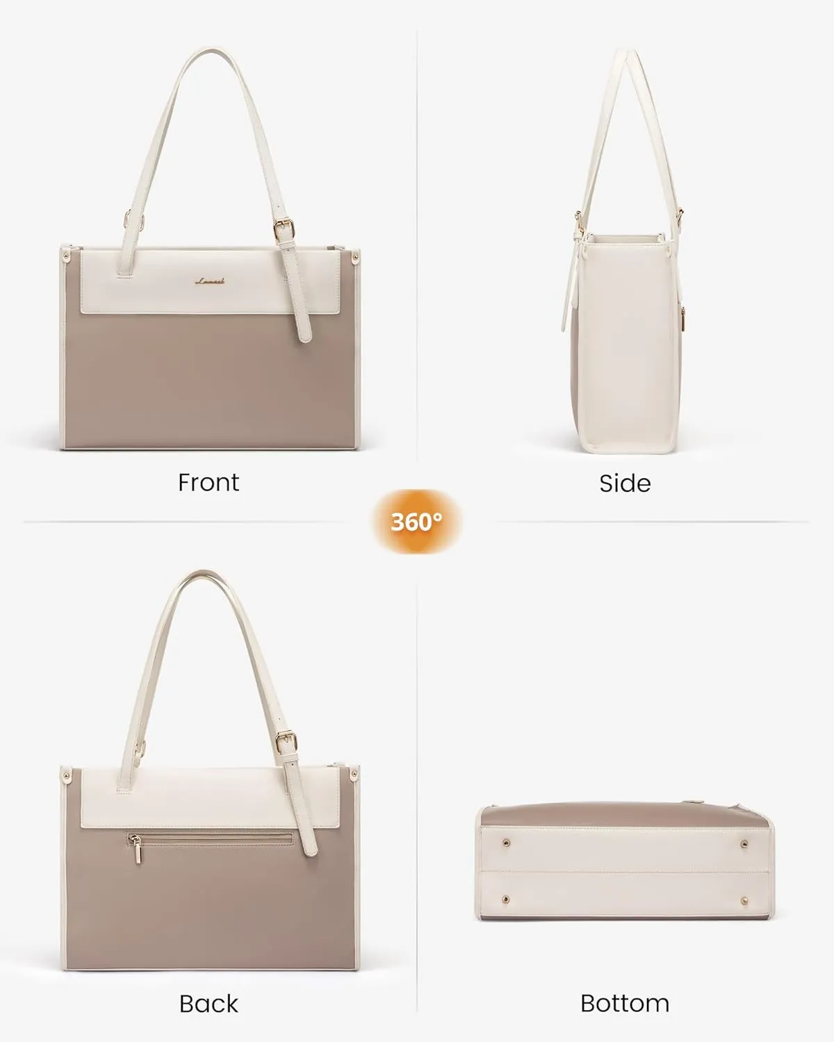 LOVEVOOK Laptop Tote Bag for Women 15.6 Inch Stylish Leather Work Tote Bag Purse Large Capacity And Waterproof Computer Briefcase for Business Office Travel, Khaki Beige