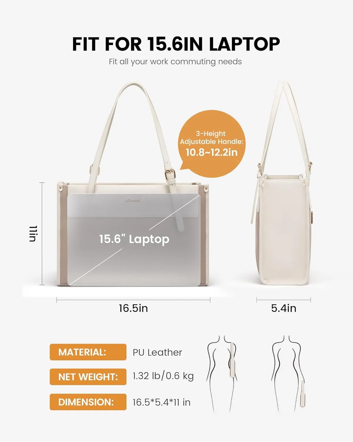LOVEVOOK Laptop Tote Bag for Women 15.6 Inch Stylish Leather Work Tote Bag Purse Large Capacity And Waterproof Computer Briefcase for Business Office Travel, Khaki Beige