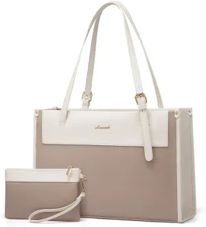 LOVEVOOK Laptop Tote Bag for Women 15.6 Inch Stylish Leather Work Tote Bag Purse Large Capacity And Waterproof Computer Briefcase for Business Office Travel, Khaki Beige