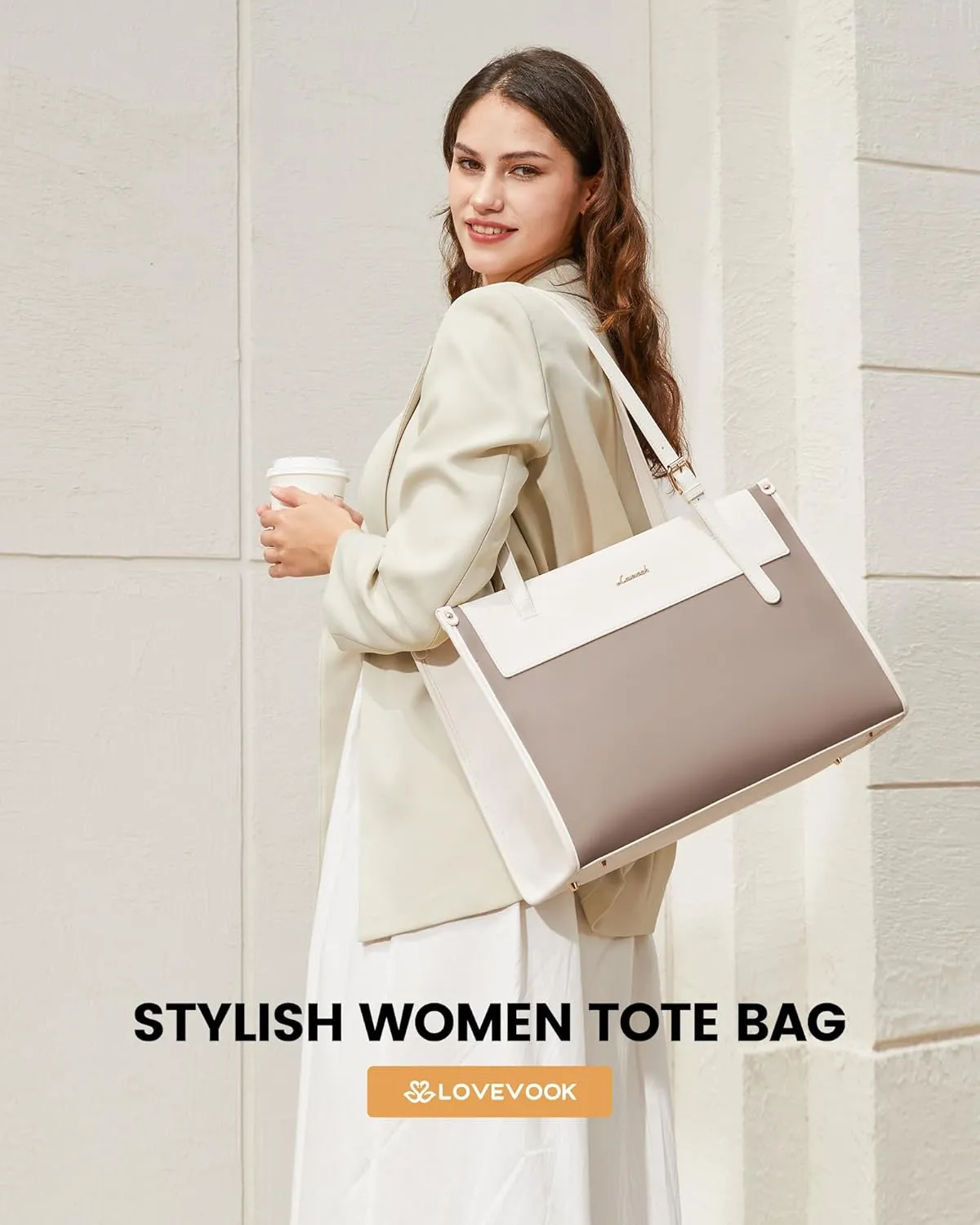 LOVEVOOK Laptop Tote Bag for Women 15.6 Inch Stylish Leather Work Tote Bag Purse Large Capacity And Waterproof Computer Briefcase for Business Office Travel, Khaki Beige