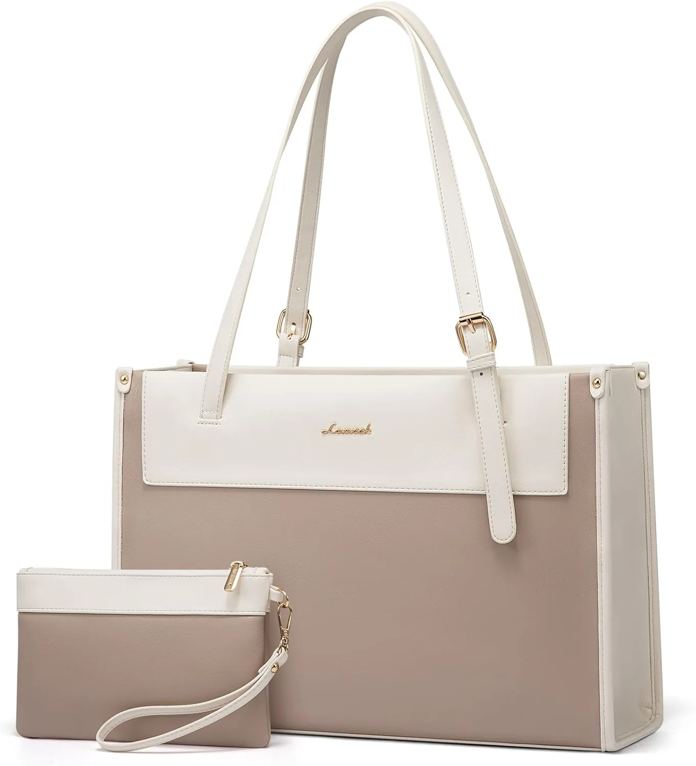 LOVEVOOK Laptop Tote Bag for Women 15.6 Inch Stylish Leather Work Tote Bag Purse Large Capacity And Waterproof Computer Briefcase for Business Office Travel, Khaki Beige