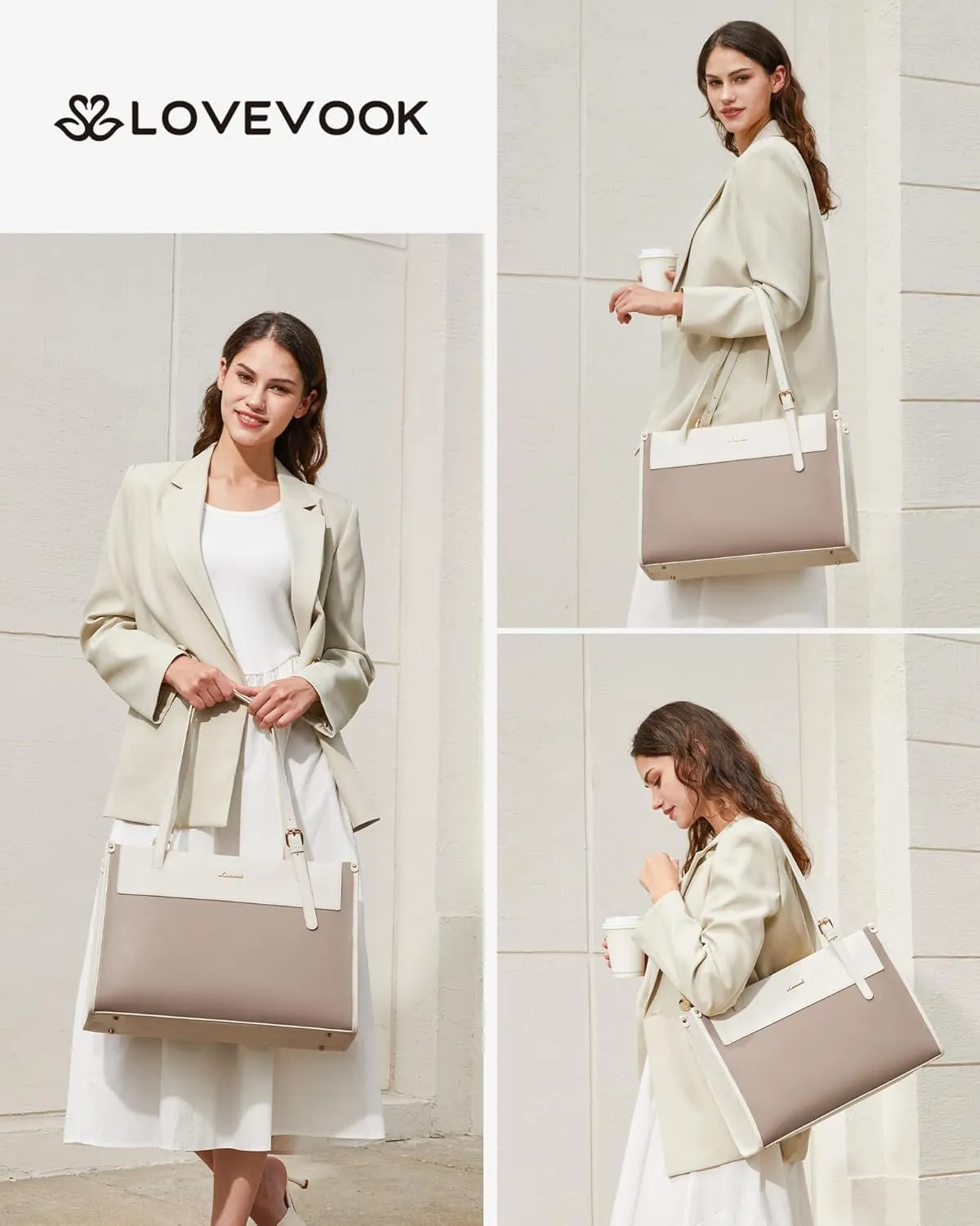 LOVEVOOK Laptop Tote Bag for Women 15.6 Inch Stylish Leather Work Tote Bag Purse Large Capacity And Waterproof Computer Briefcase for Business Office Travel, Khaki Beige