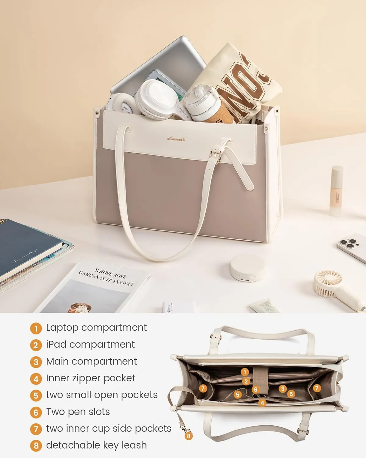LOVEVOOK Laptop Tote Bag for Women 15.6 Inch Stylish Leather Work Tote Bag Purse Large Capacity And Waterproof Computer Briefcase for Business Office Travel, Khaki Beige