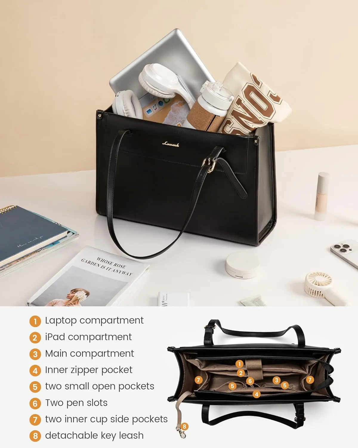 LOVEVOOK Laptop Tote Bag for Women 17.3 Inch Stylish Leather Work Tote Bag Purse Large Capacity And Waterproof Computer Briefcase for Business Office Travel, Black