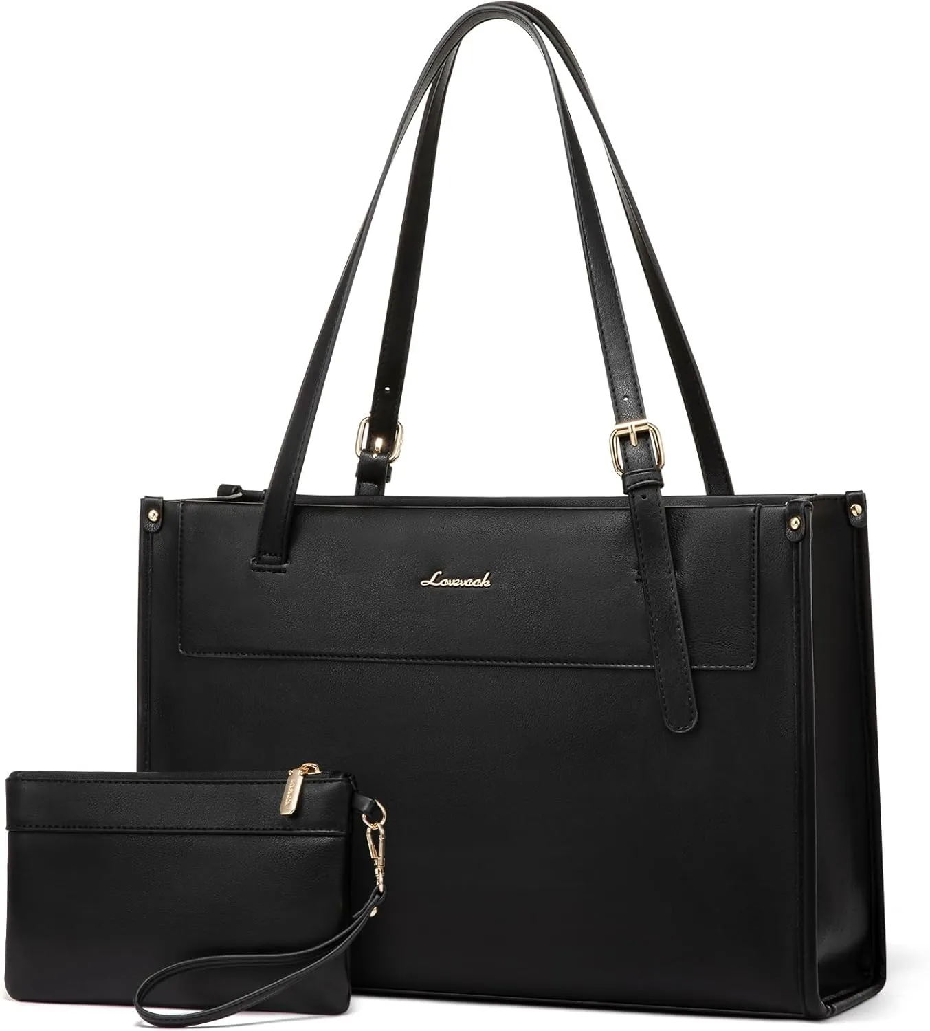 LOVEVOOK Laptop Tote Bag for Women 17.3 Inch Stylish Leather Work Tote Bag Purse Large Capacity And Waterproof Computer Briefcase for Business Office Travel, Black
