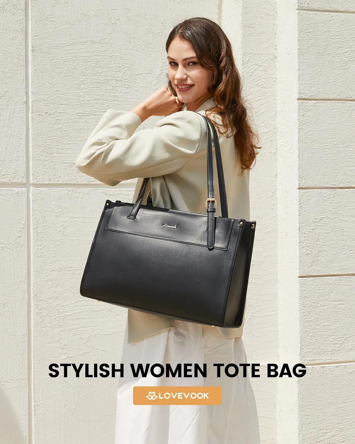LOVEVOOK Laptop Tote Bag for Women 17.3 Inch Stylish Leather Work Tote Bag Purse Large Capacity And Waterproof Computer Briefcase for Business Office Travel, Black