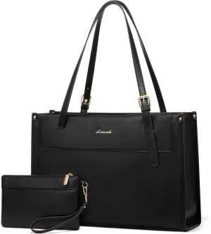 LOVEVOOK Laptop Tote Bag for Women 17.3 Inch Stylish Leather Work Tote Bag Purse Large Capacity And Waterproof Computer Briefcase for Business Office Travel, Black