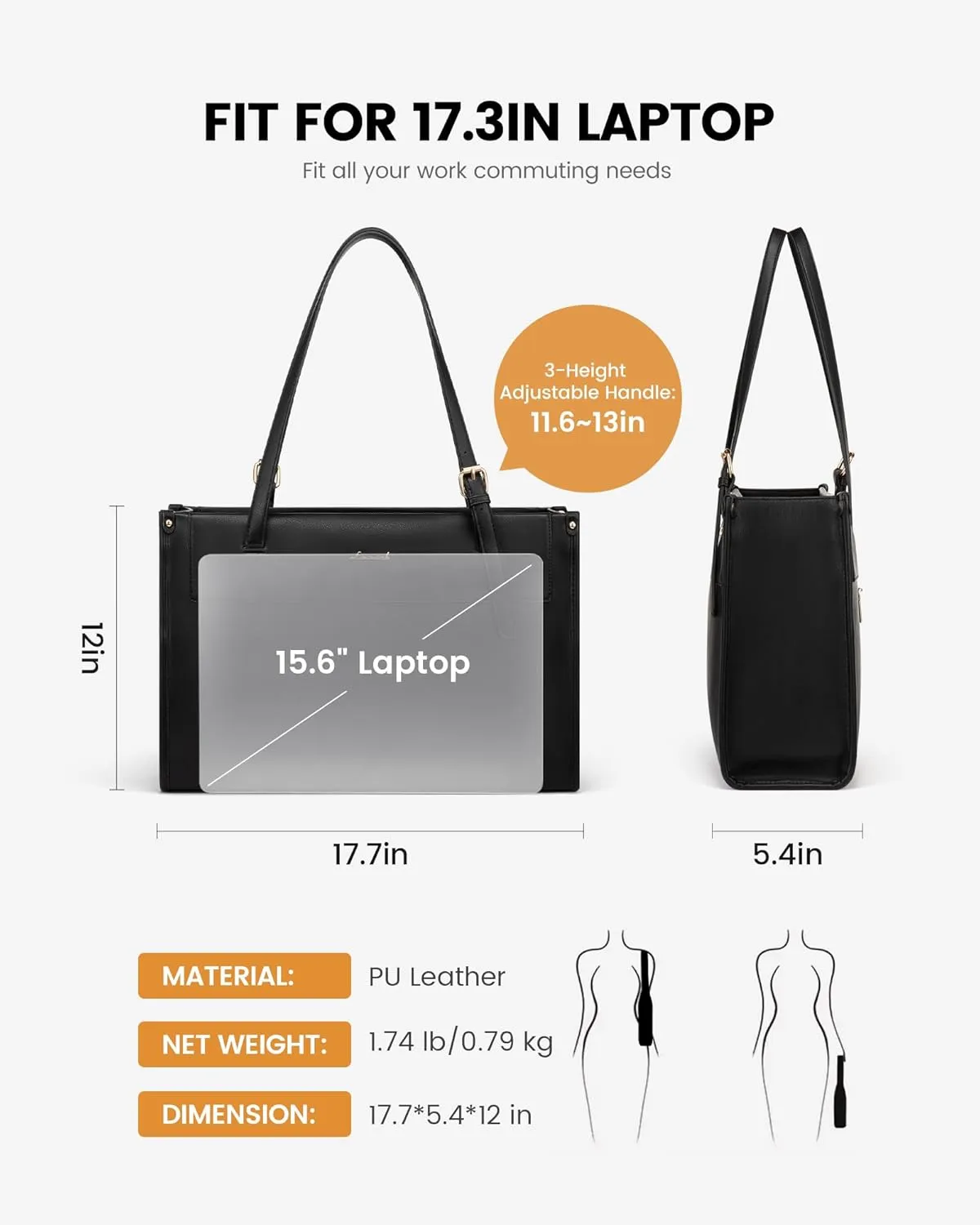 LOVEVOOK Laptop Tote Bag for Women 17.3 Inch Stylish Leather Work Tote Bag Purse Large Capacity And Waterproof Computer Briefcase for Business Office Travel, Black