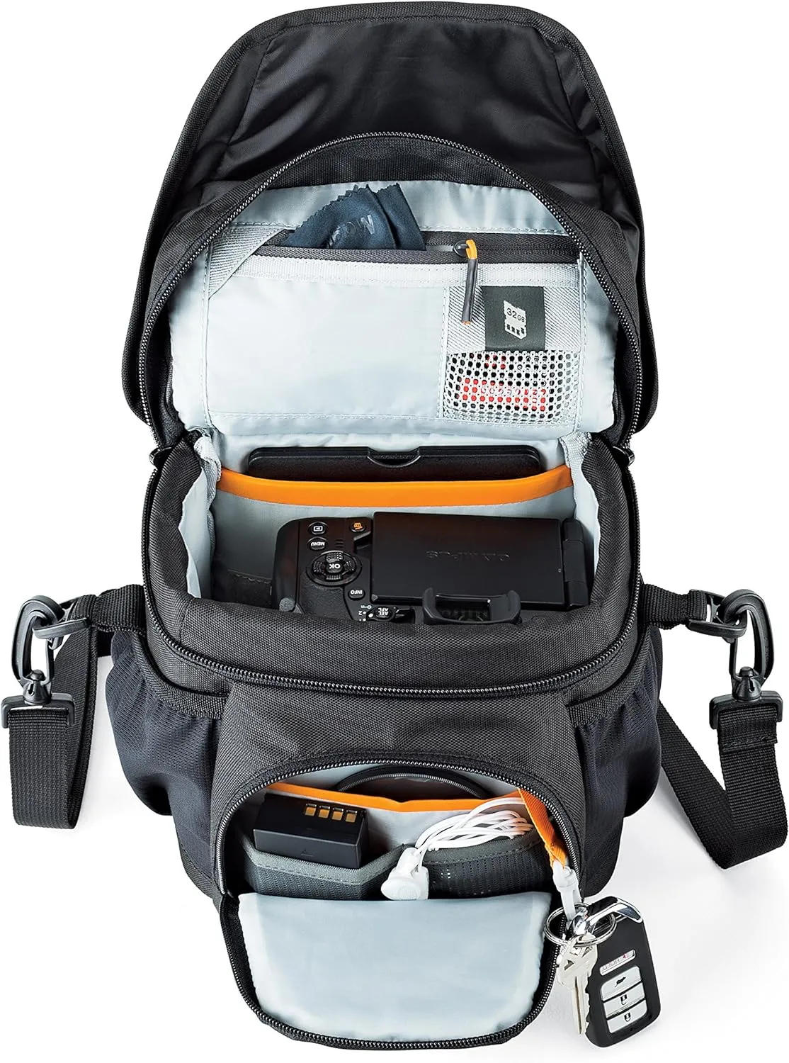 Lowepro LP37117, Nova 140AW II Camera Bag, Customizable, Portable, Fits Mirrorless with 17-85mm Attached Lens, Compact Drone, Flash, Black