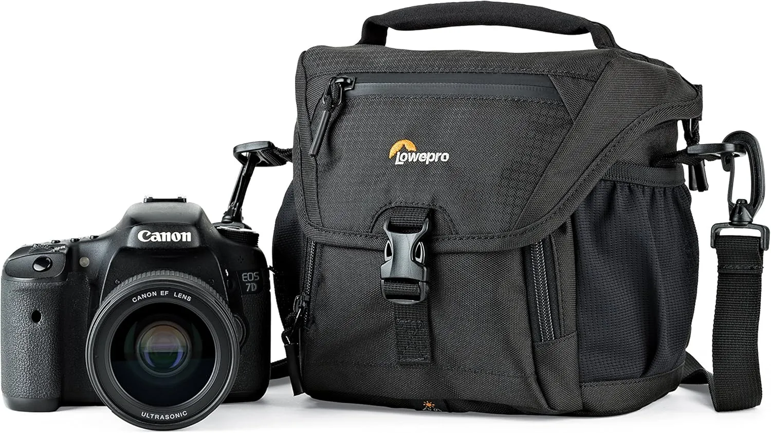 Lowepro LP37117, Nova 140AW II Camera Bag, Customizable, Portable, Fits Mirrorless with 17-85mm Attached Lens, Compact Drone, Flash, Black