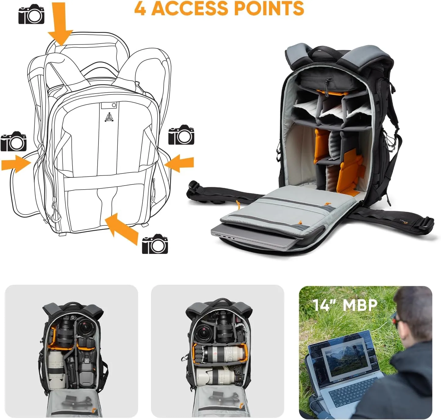 Lowepro ProTactic BP 350 AW III Camera Backpack, 4-Point Access, Professional Camera Bag, DSLR/Drones/Mirrorless, Up to 14" Laptop, Rain Cover, for Photographer,Videographer, Volume 17L
