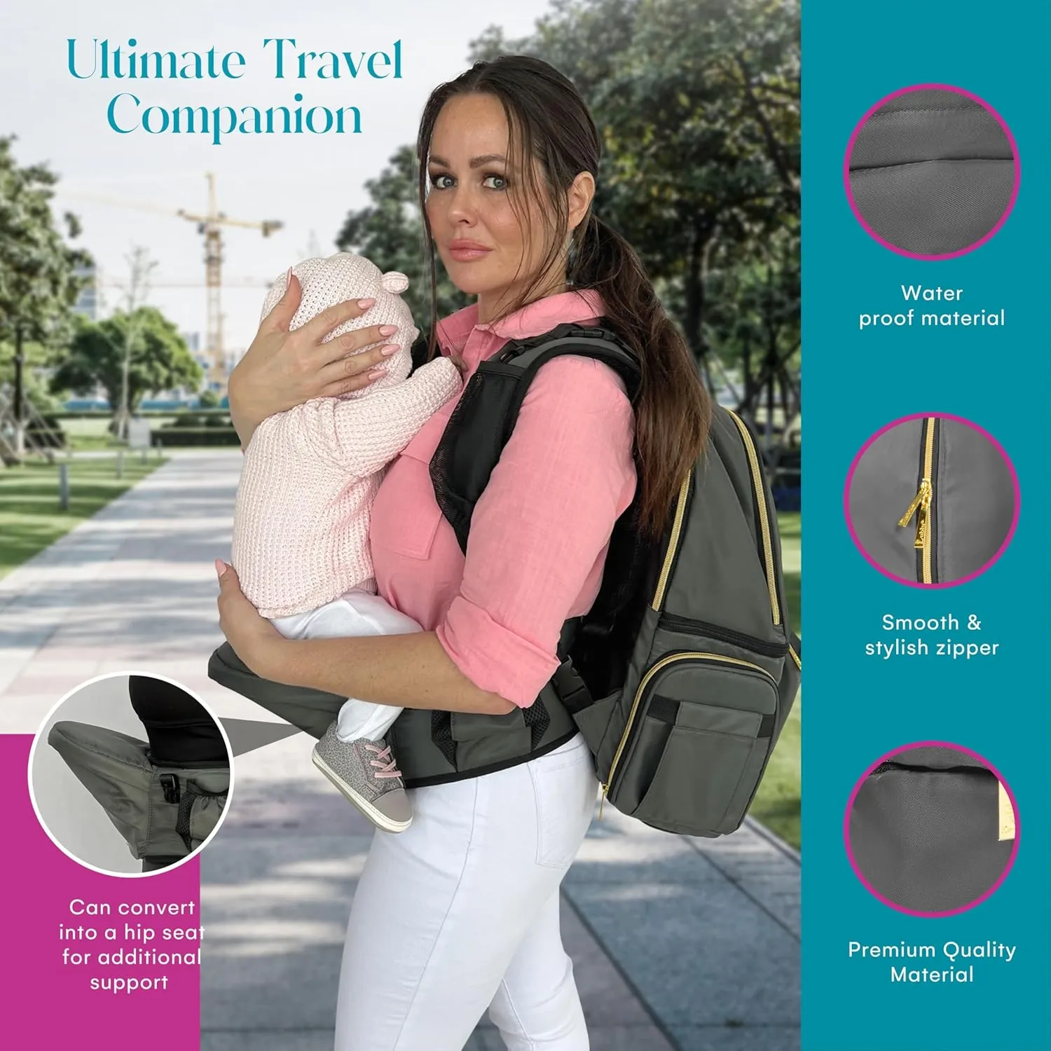 Lublu Diaper Bag Backpack with Baby Carrier, Hip Seat, Changing Pad, Insulated Pockets, Black or Grey