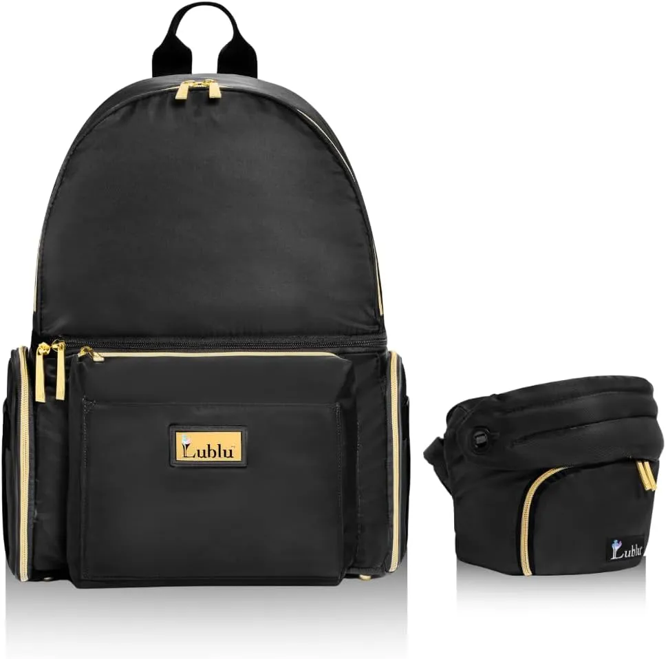 Lublu Diaper Bag Backpack with Baby Carrier, Hip Seat, Changing Pad, Insulated Pockets, Black or Grey