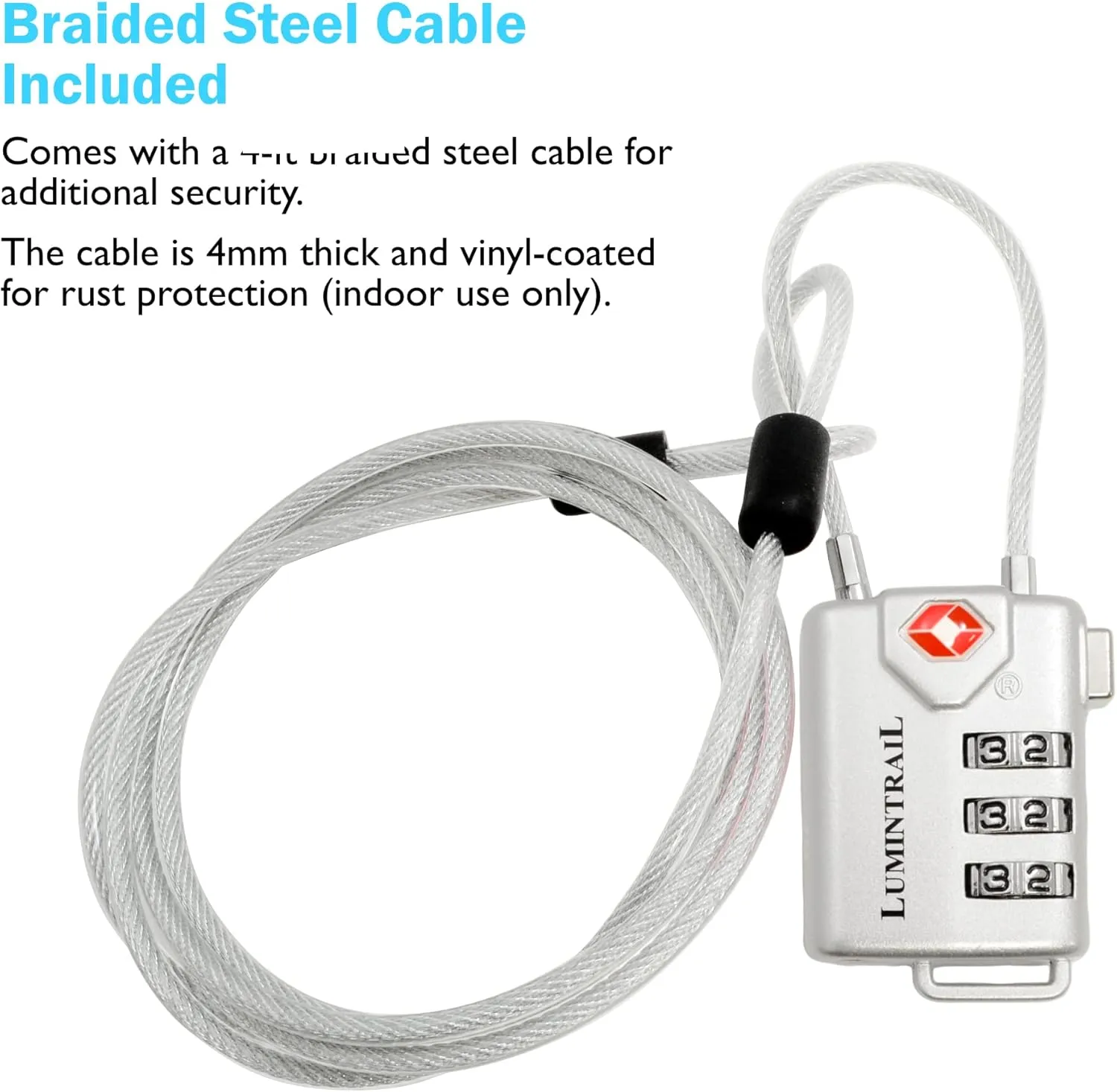 Lumintrail TSA Approved Lock for Luggage or Suitcase, Easy-to-Read 3 Digit Personalized Combination, Metal Travel Suitcase Luggage Lock, Silver, with a 4-FT Braided Steel Cable (2 Pack)