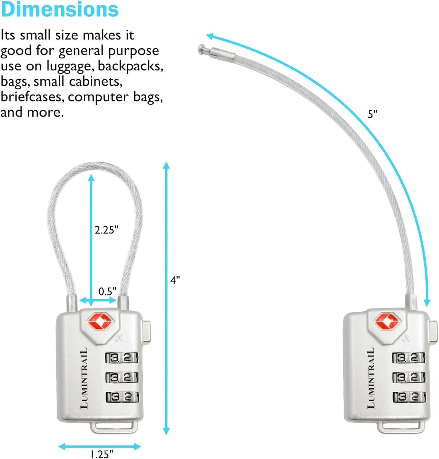 Lumintrail TSA Approved Lock for Luggage or Suitcase, Easy-to-Read 3 Digit Personalized Combination, Metal Travel Suitcase Luggage Lock, Silver, with a 4-FT Braided Steel Cable (2 Pack)