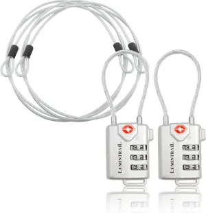 Lumintrail TSA Approved Lock for Luggage or Suitcase, Easy-to-Read 3 Digit Personalized Combination, Metal Travel Suitcase Luggage Lock, Silver, with a 4-FT Braided Steel Cable (2 Pack)