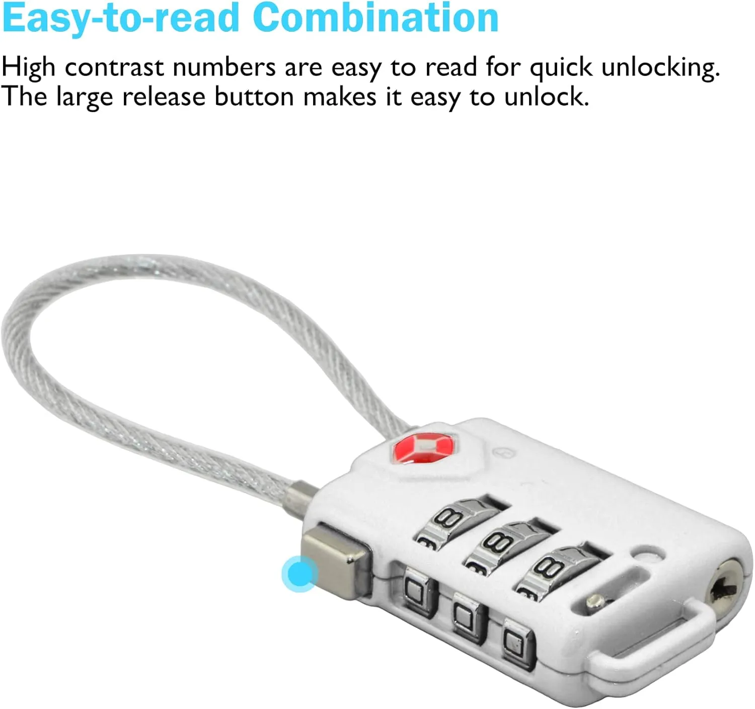 Lumintrail TSA Approved Lock for Luggage or Suitcase, Easy-to-Read 3 Digit Personalized Combination, Metal Travel Suitcase Luggage Lock, Silver, with a 4-FT Braided Steel Cable (2 Pack)