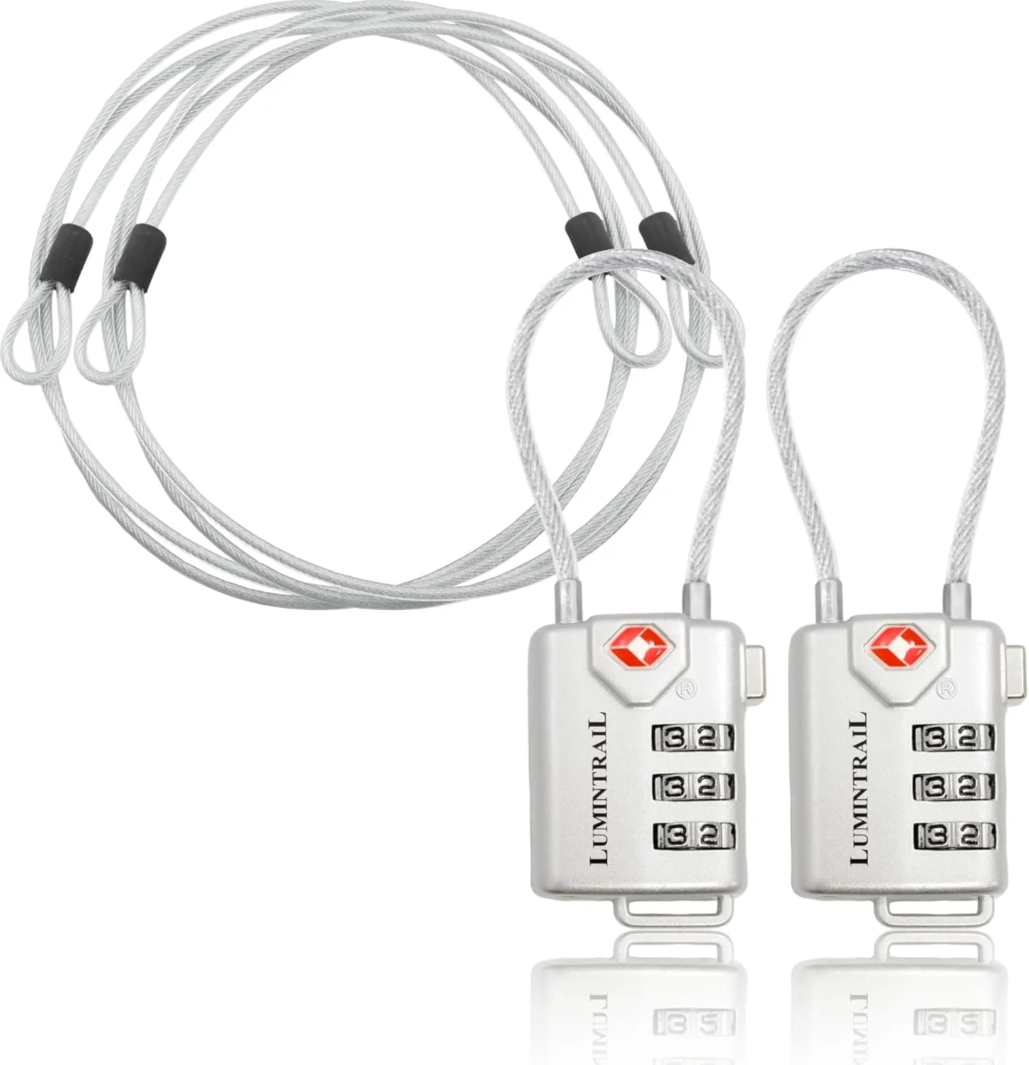Lumintrail TSA Approved Lock for Luggage or Suitcase, Easy-to-Read 3 Digit Personalized Combination, Metal Travel Suitcase Luggage Lock, Silver, with a 4-FT Braided Steel Cable (2 Pack)
