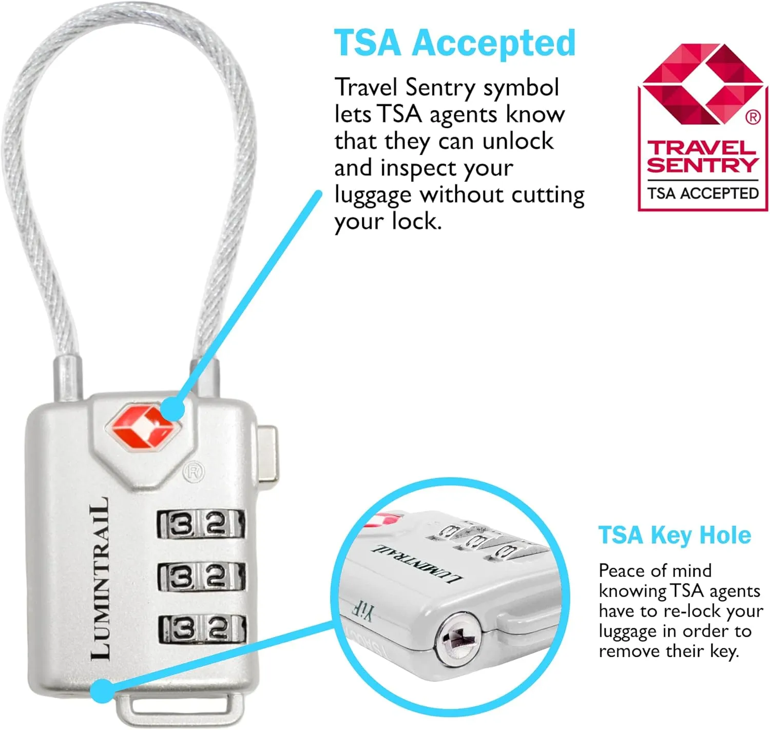 Lumintrail TSA Approved Lock for Luggage or Suitcase, Easy-to-Read 3 Digit Personalized Combination, Metal Travel Suitcase Luggage Lock, Silver, with a 4-FT Braided Steel Cable (2 Pack)