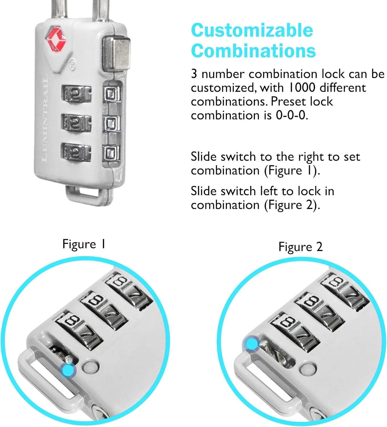 Lumintrail TSA Approved Lock for Luggage or Suitcase, Easy-to-Read 3 Digit Personalized Combination, Metal Travel Suitcase Luggage Lock, Silver, with a 4-FT Braided Steel Cable (2 Pack)
