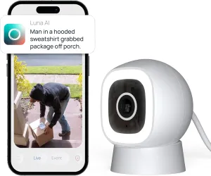 Luna Indoor/Outdoor IP65 2K Wi-Fi Smart Home Security Camera, Plug-in, Color Night Vision, w/Spotlight, Free App, Advanced AI Motion Detection, Magnetic Camera for Pet/Baby/Living Room (1, White)