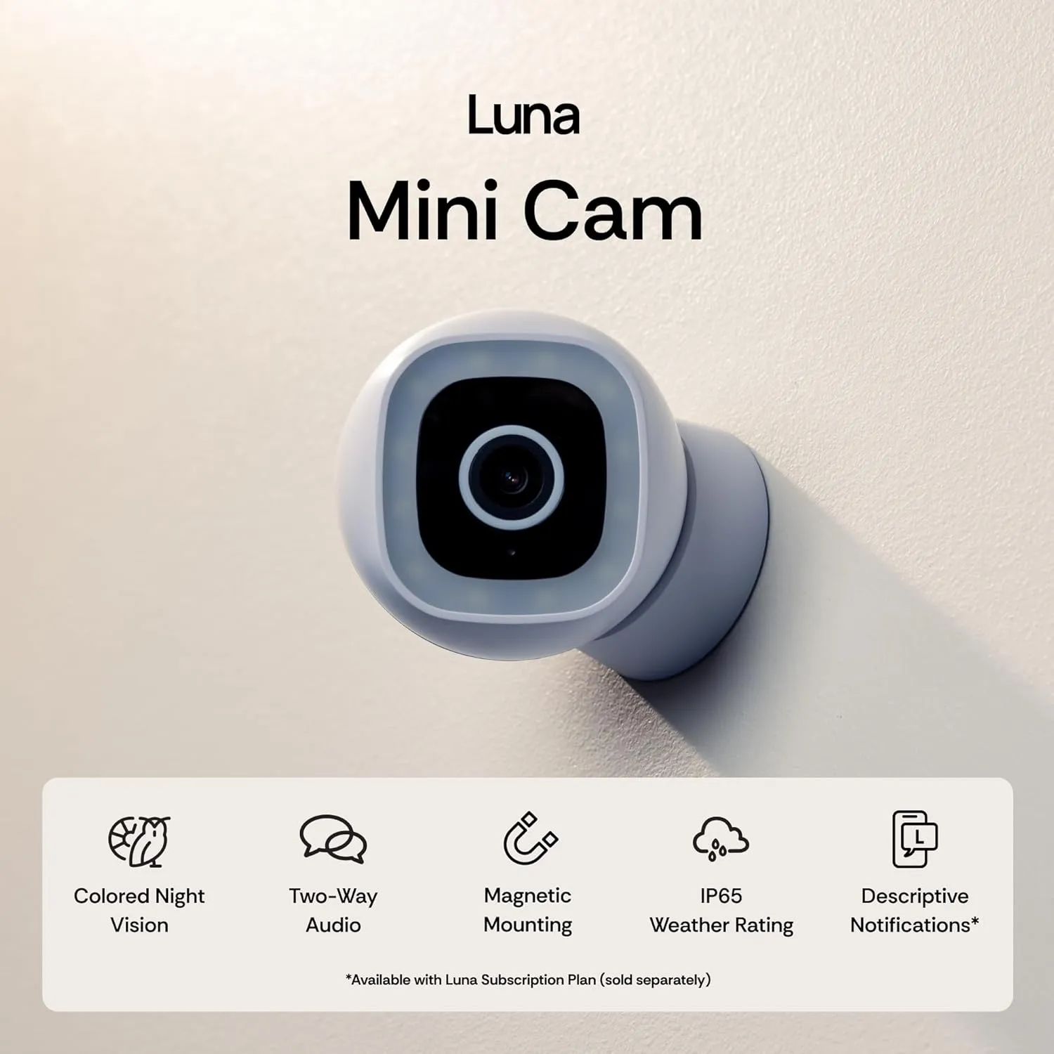 Luna Indoor/Outdoor IP65 2K Wi-Fi Smart Home Security Camera, Plug-in, Color Night Vision, w/Spotlight, Free App, Advanced AI Motion Detection, Magnetic Camera for Pet/Baby/Living Room (1, White)