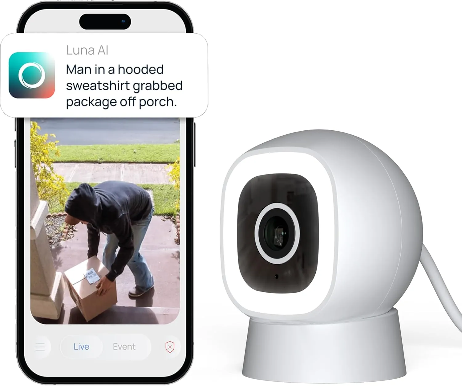 Luna Indoor/Outdoor IP65 2K Wi-Fi Smart Home Security Camera, Plug-in, Color Night Vision, w/Spotlight, Free App, Advanced AI Motion Detection, Magnetic Camera for Pet/Baby/Living Room (1, White)