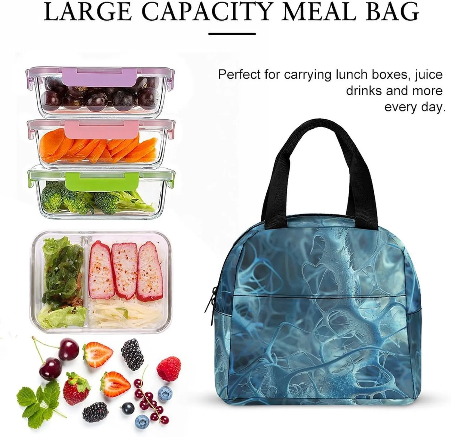Lunch Bag for Women Men Lunch Box Reusable Blue Neuron Picture Lunch Tote Bag Insulated Cooler Bag