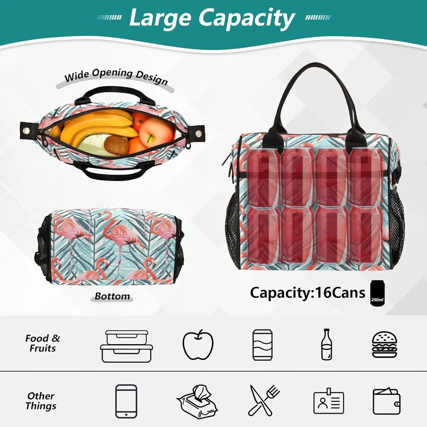 Lunch Bag Women Insulated Lunch Box Wide-Open Lunch Tote Tropical Flamingo Reusable Cooler Lunchbox Handbag Organizer for Work Picnic Hiking
