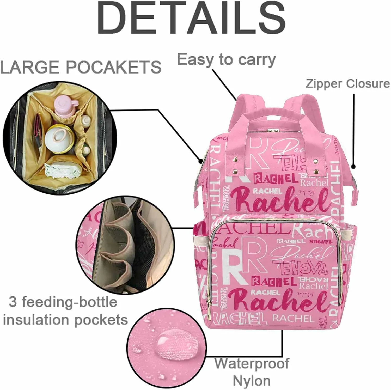 M YESCUSTOM Custom Diaper Bag Backpack for Girls Boys Large Capacity with Pockets Personalized Baby Diaper Bags for Mom Waterproof Nappy Baby Bag with Name Mothers Day Gift Pink