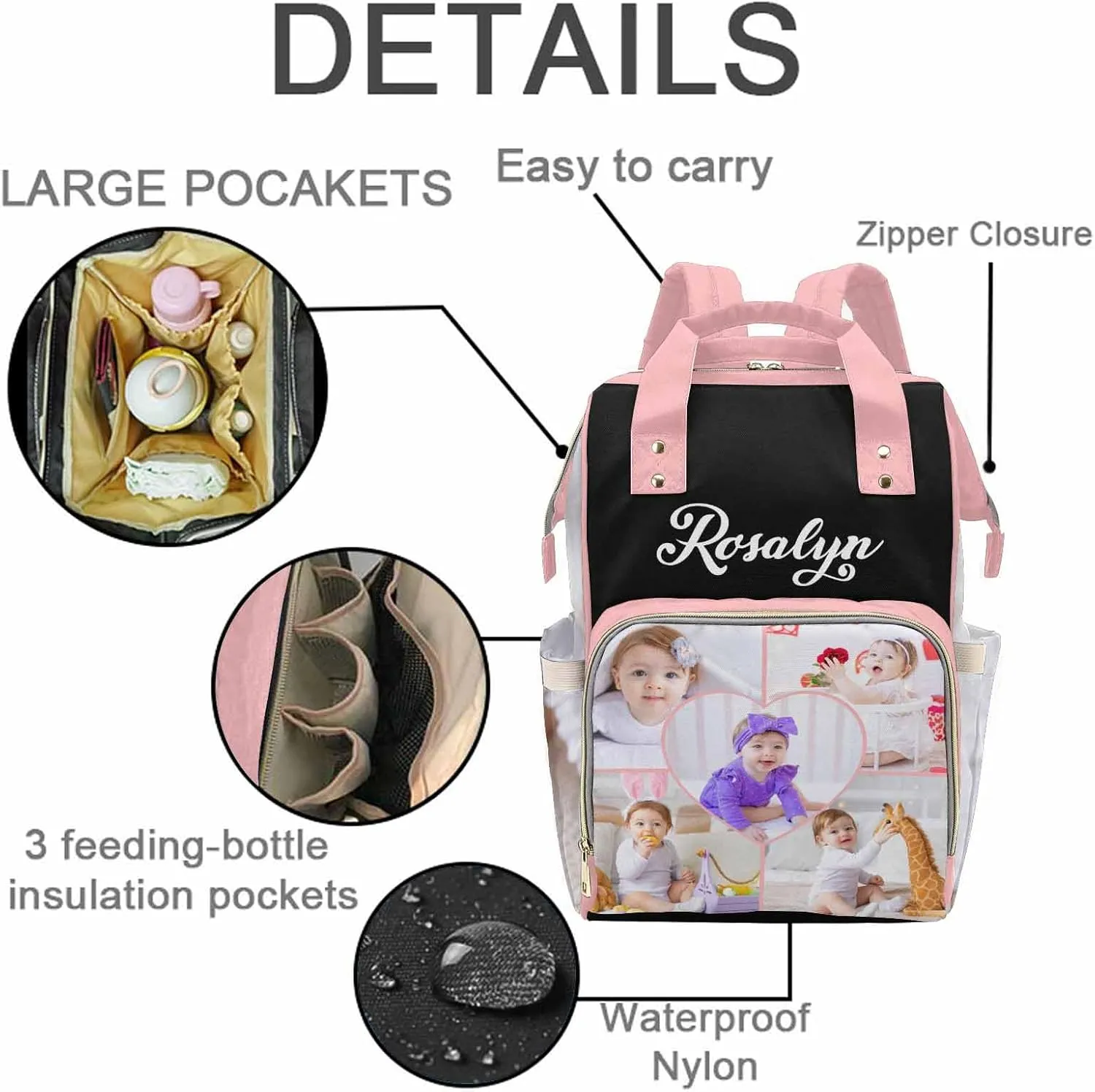 M YESCUSTOM Custom Diaper Bag for Girls Boys Baby Large Capacity Backpack with Photo Personalized Baby Diaper Bags for Mom Waterproof Nappy Baby Bag with Name Newborn Gift